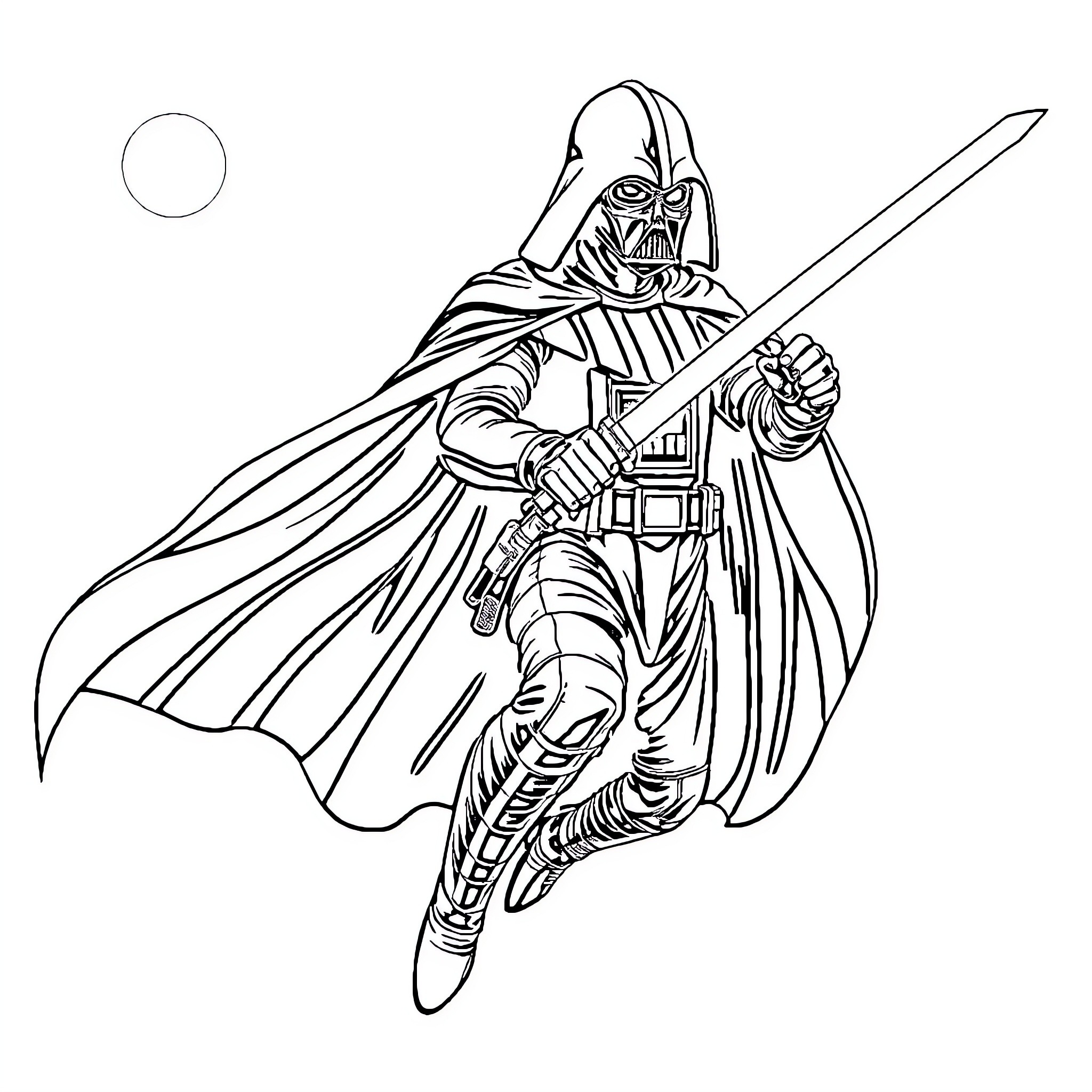 Darth Vader wielding his lightsaber in an action pose Coloring Page (free black-and-white line drawing printable PDF for all, from beginners to advanced learners, including children, teens, adults, and seniors)