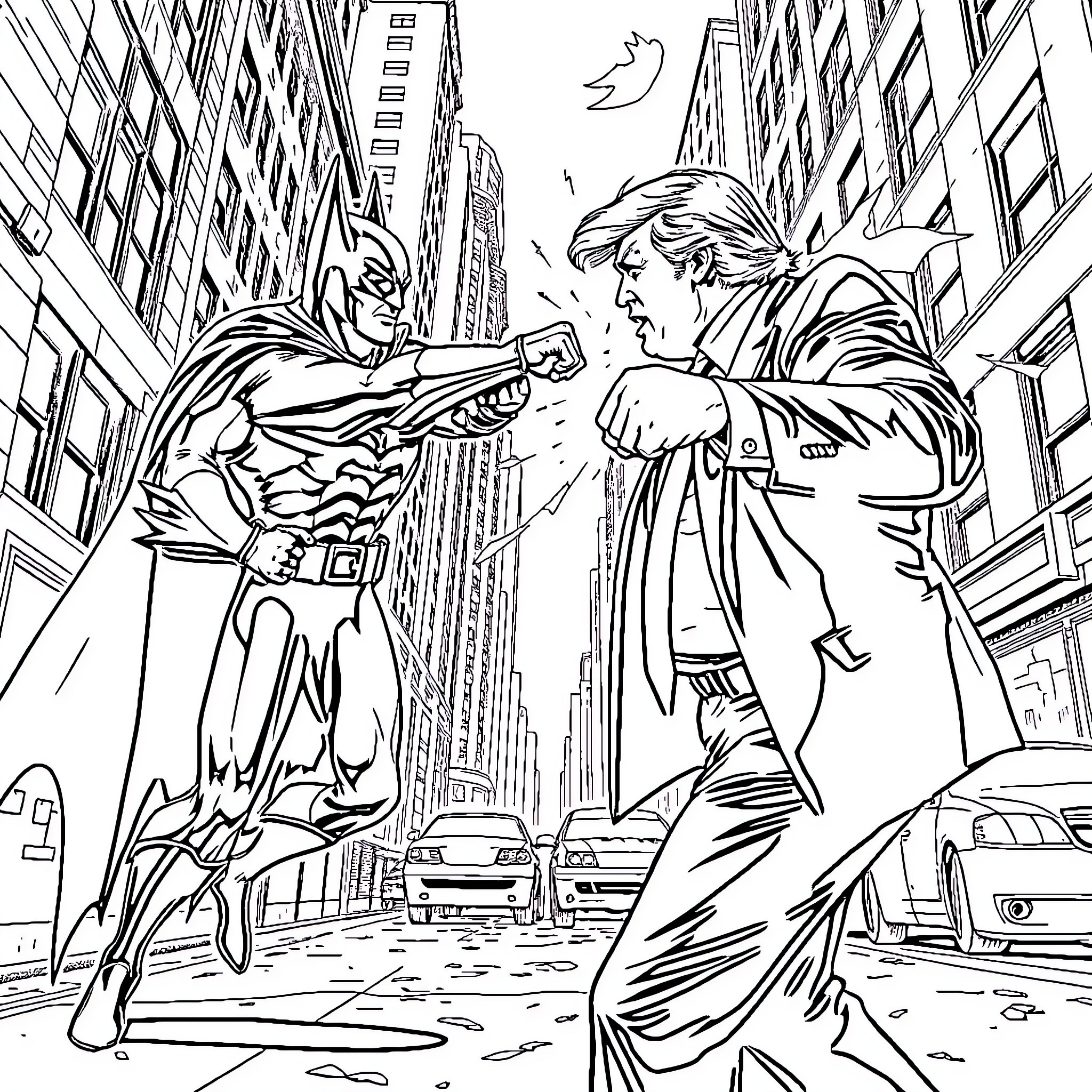 Batman confronting a criminal in the city streets Coloring Page (free black-and-white line drawing printable PDF for all, from beginners to advanced learners, including children, teens, adults, and seniors)