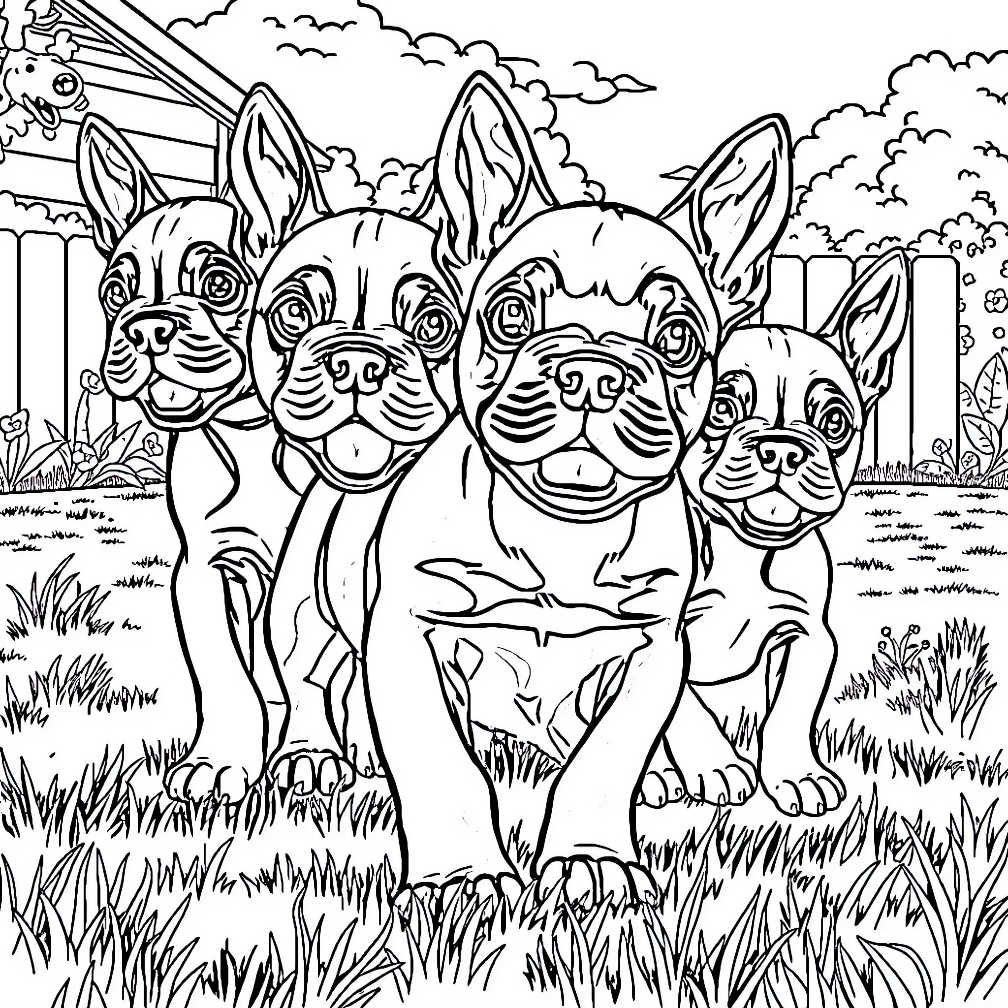 Cane Corso dogs playing happily in the yard Coloring Page (free black-and-white line drawing printable PDF for all, from beginners to advanced learners, including children, teens, adults, and seniors)