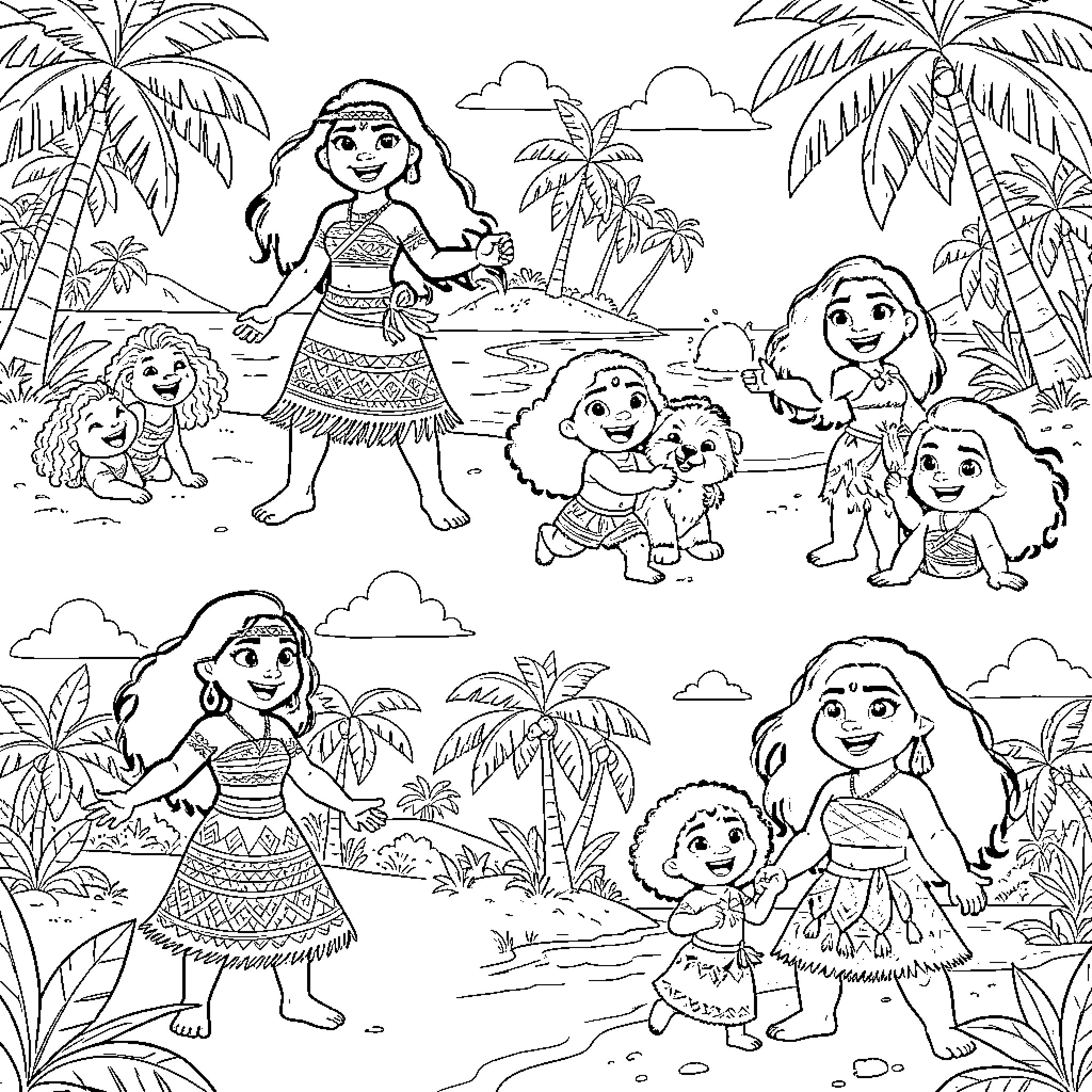 Moana and her friends on a tropical adventure Coloring Page (free black-and-white line drawing printable PDF for all, from beginners to advanced learners, including children, teens, adults, and seniors)