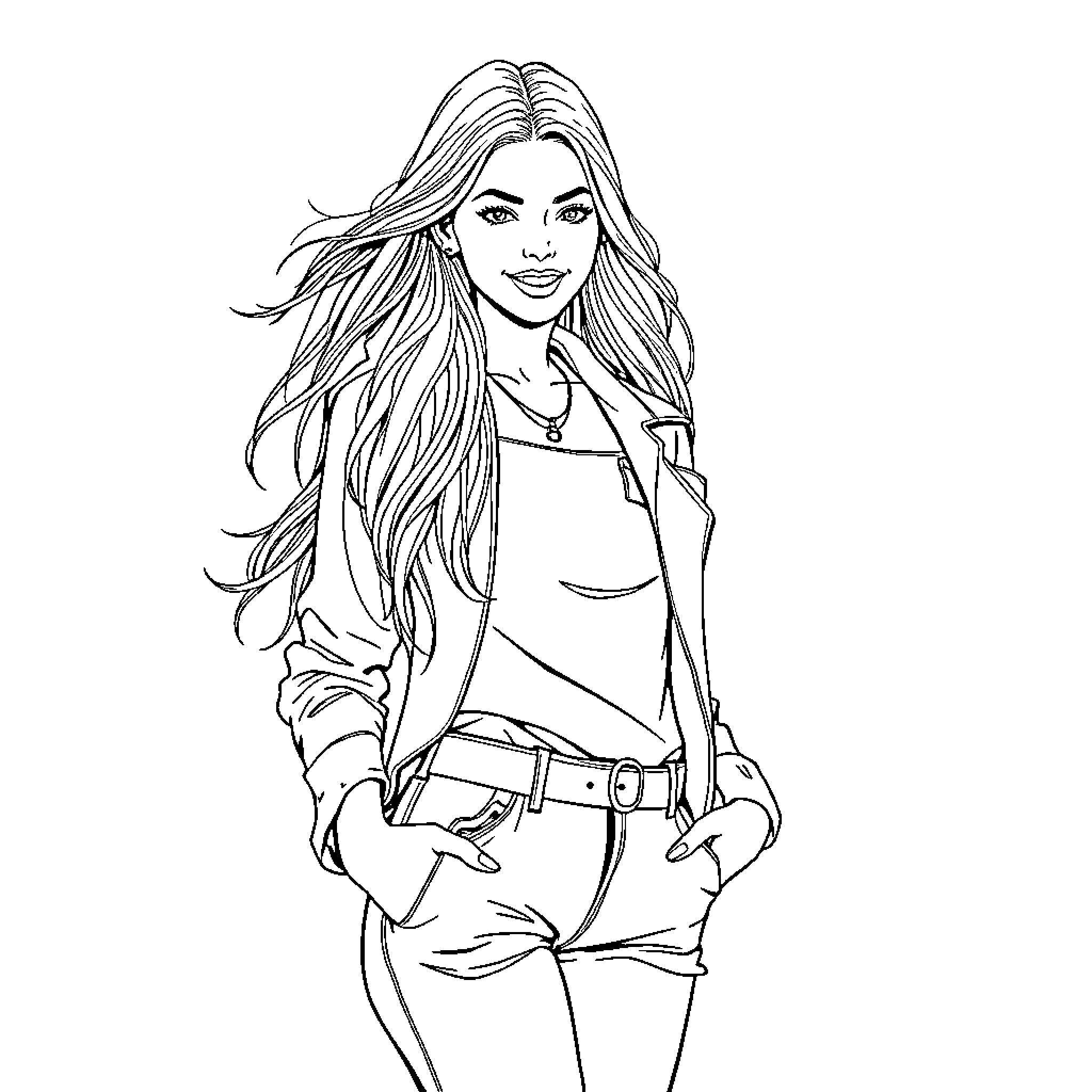 Thylane Blondeau posing confidently in casual attire Coloring Page (free black-and-white line drawing printable PDF for all, from beginners to advanced learners, including children, teens, adults, and seniors)