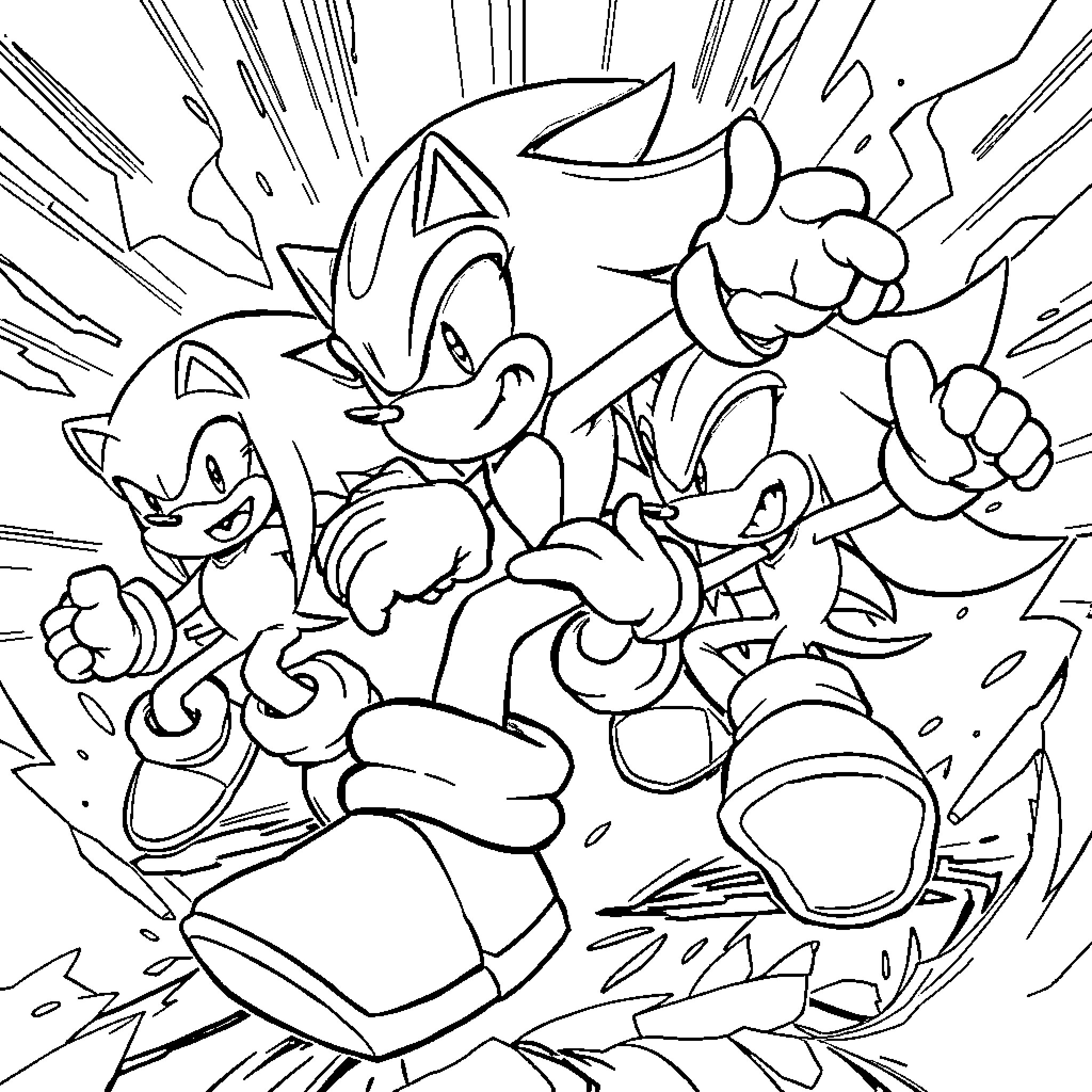 Sonic Characters in Action-Packed Poses Coloring Page (free black-and-white line drawing printable PDF for all, from beginners to advanced learners, including children, teens, adults, and seniors)