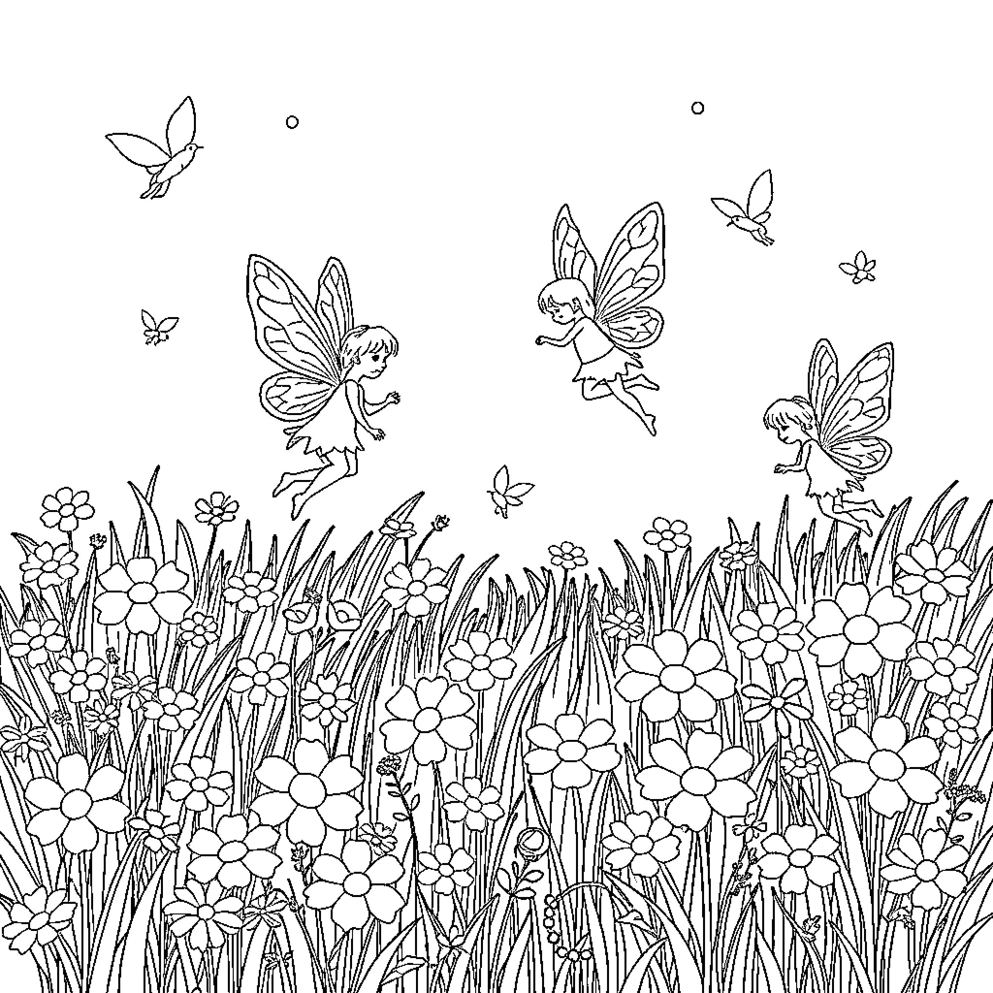Fairy Creatures Dancing Among Flowers and Butterflies Coloring Page (free black-and-white line drawing printable PDF for all, from beginners to advanced learners, including children, teens, adults, and seniors)