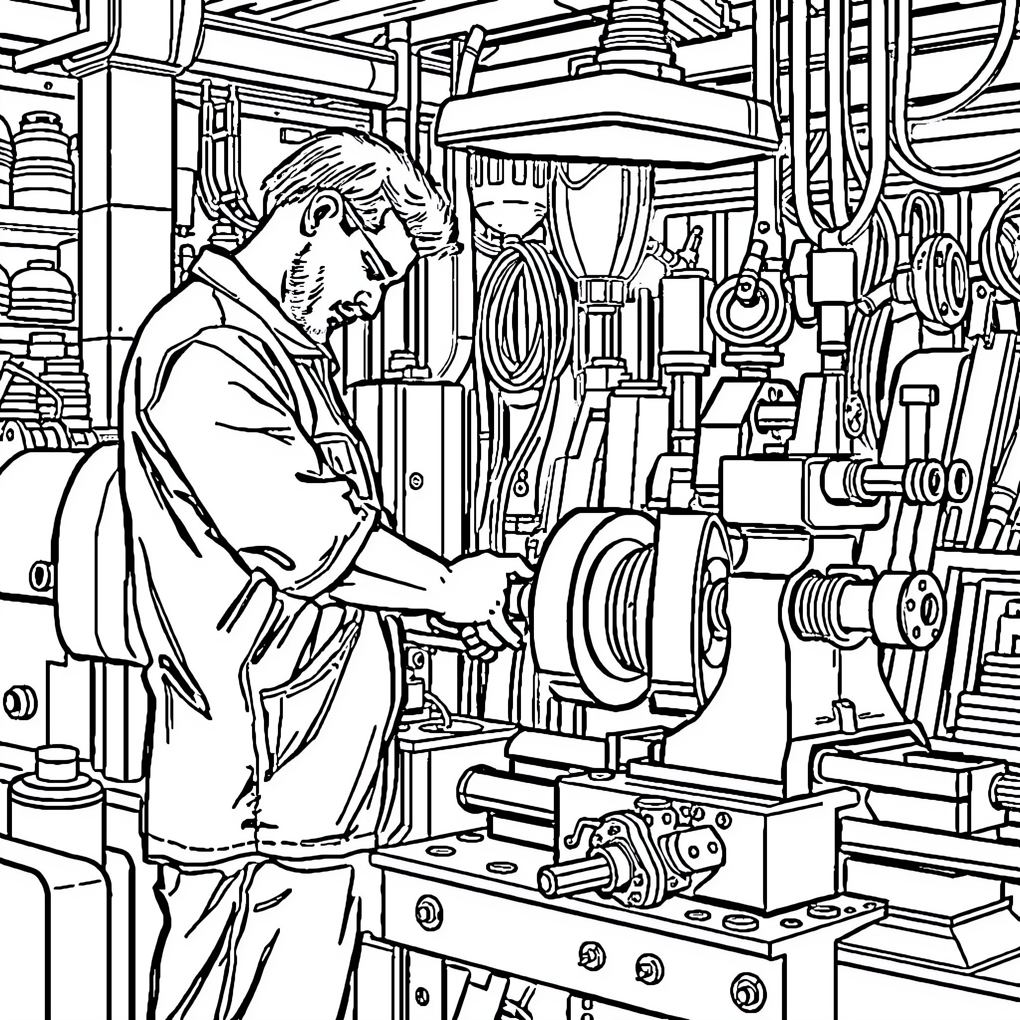 Machinist working diligently in industrial workshop Coloring Page (free black-and-white line drawing printable PDF for all, from beginners to advanced learners, including children, teens, adults, and seniors)