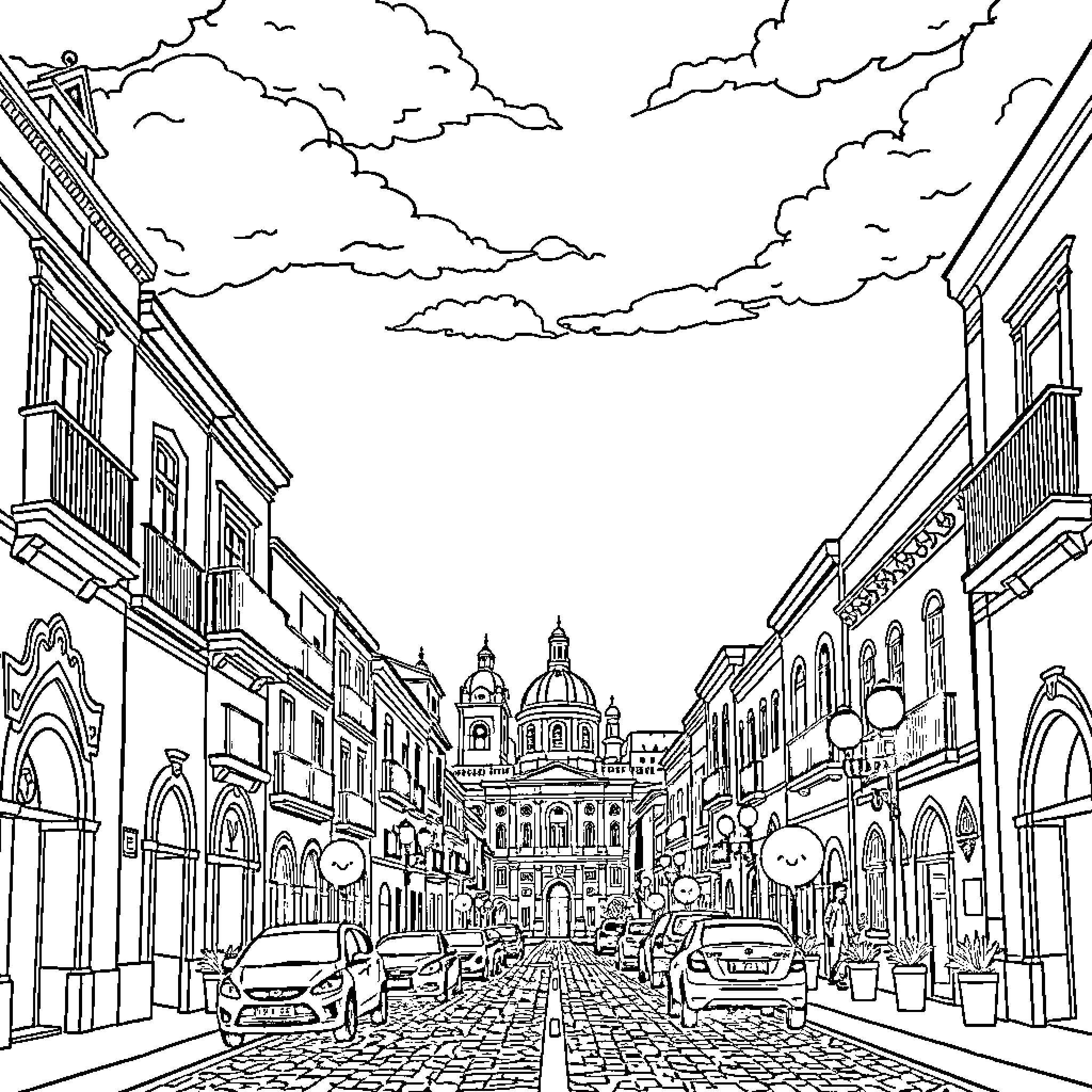Zacatecas historic city street with cloudy sky Coloring Page (free black-and-white line drawing printable PDF for all, from beginners to advanced learners, including children, teens, adults, and seniors)