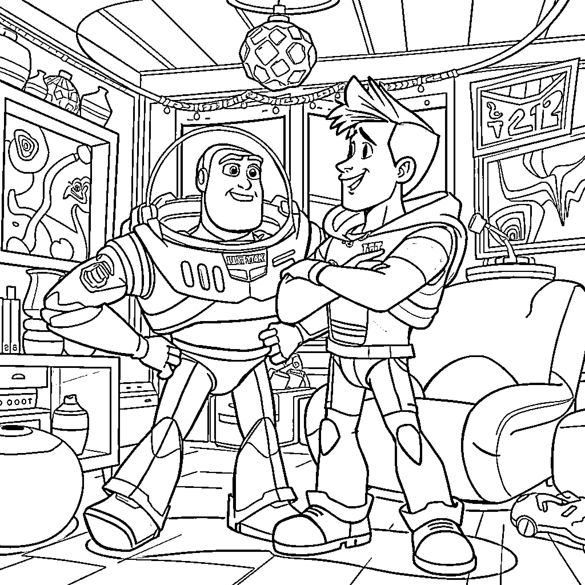 Buzz Lightyear and Woody in Toy Story adventure Coloring Page (free black-and-white line drawing printable PDF for all, from beginners to advanced learners, including children, teens, adults, and seniors)
