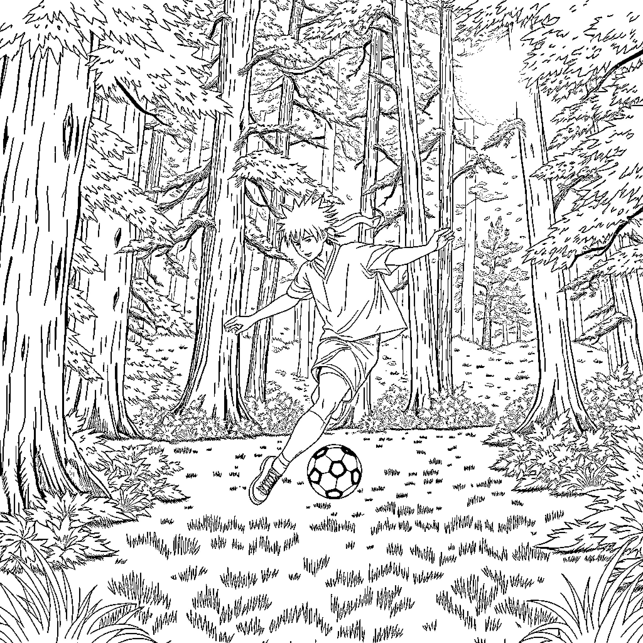 Shisui Uchiha playing soccer in the forest Coloring Page (free black-and-white line drawing printable PDF for all, from beginners to advanced learners, including children, teens, adults, and seniors)