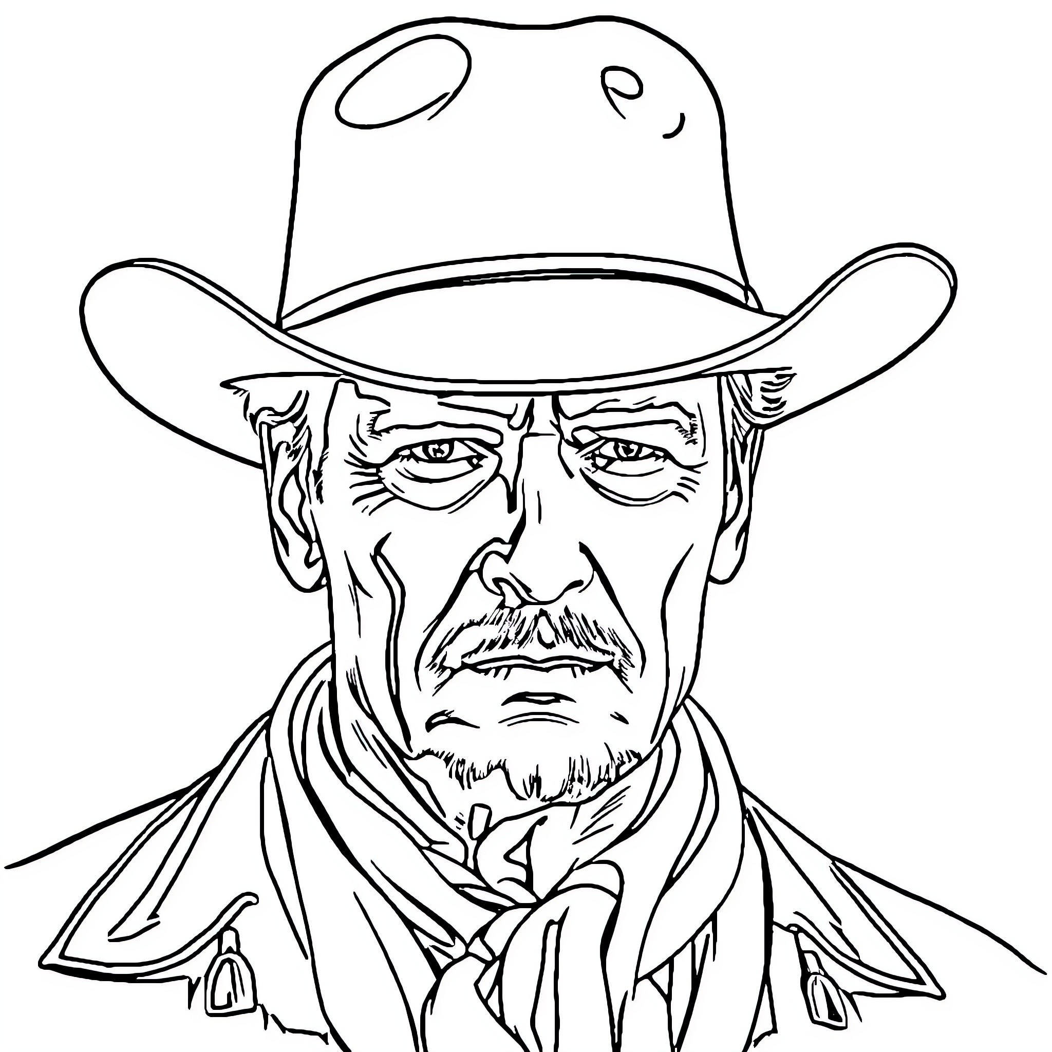 John Wayne's Iconic Western Cowboy Portrait Coloring Page (free black-and-white line drawing printable PDF for all, from beginners to advanced learners, including children, teens, adults, and seniors)