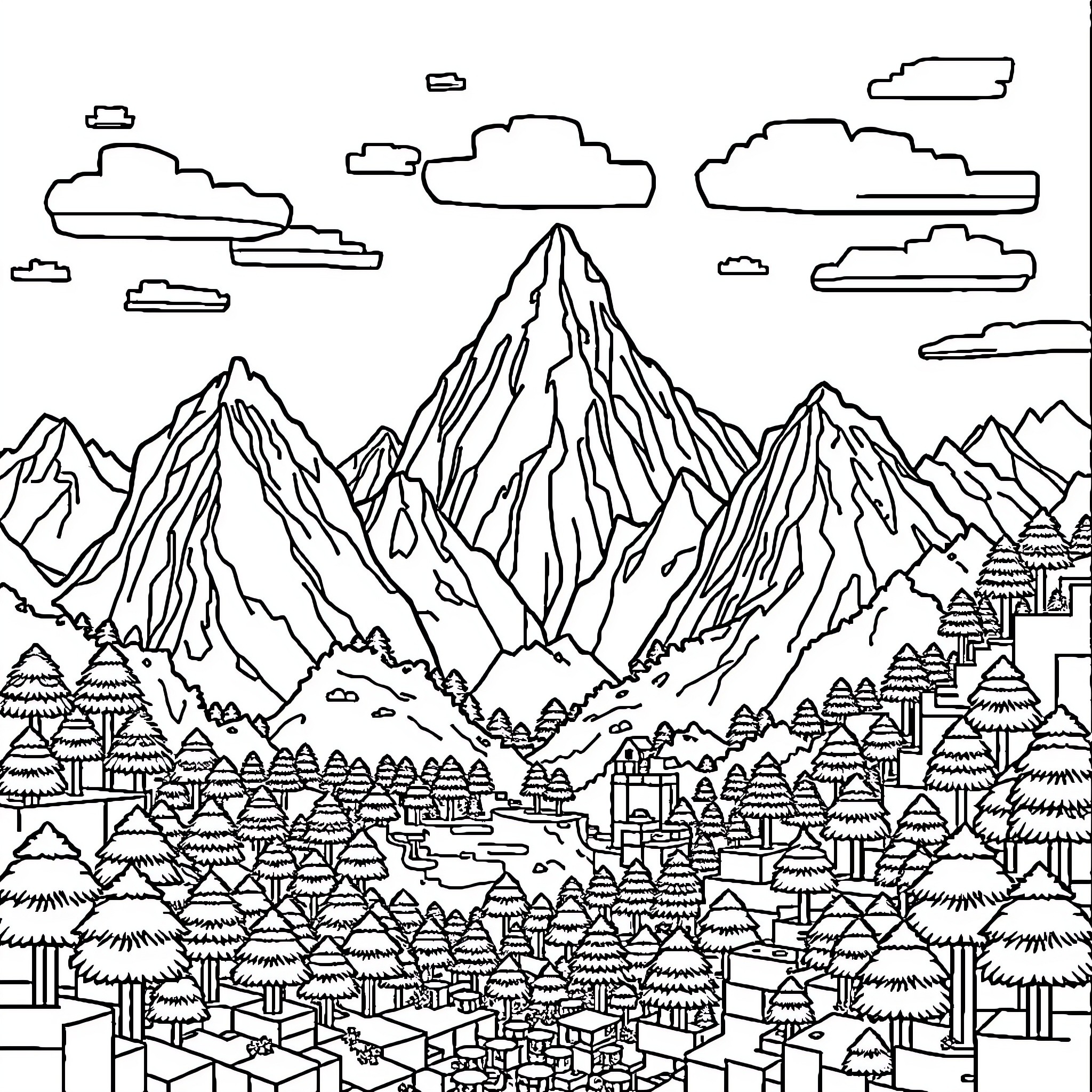 Minecraft mountain village with snowy peaks Coloring Page (free black-and-white line drawing printable PDF for all, from beginners to advanced learners, including children, teens, adults, and seniors)
