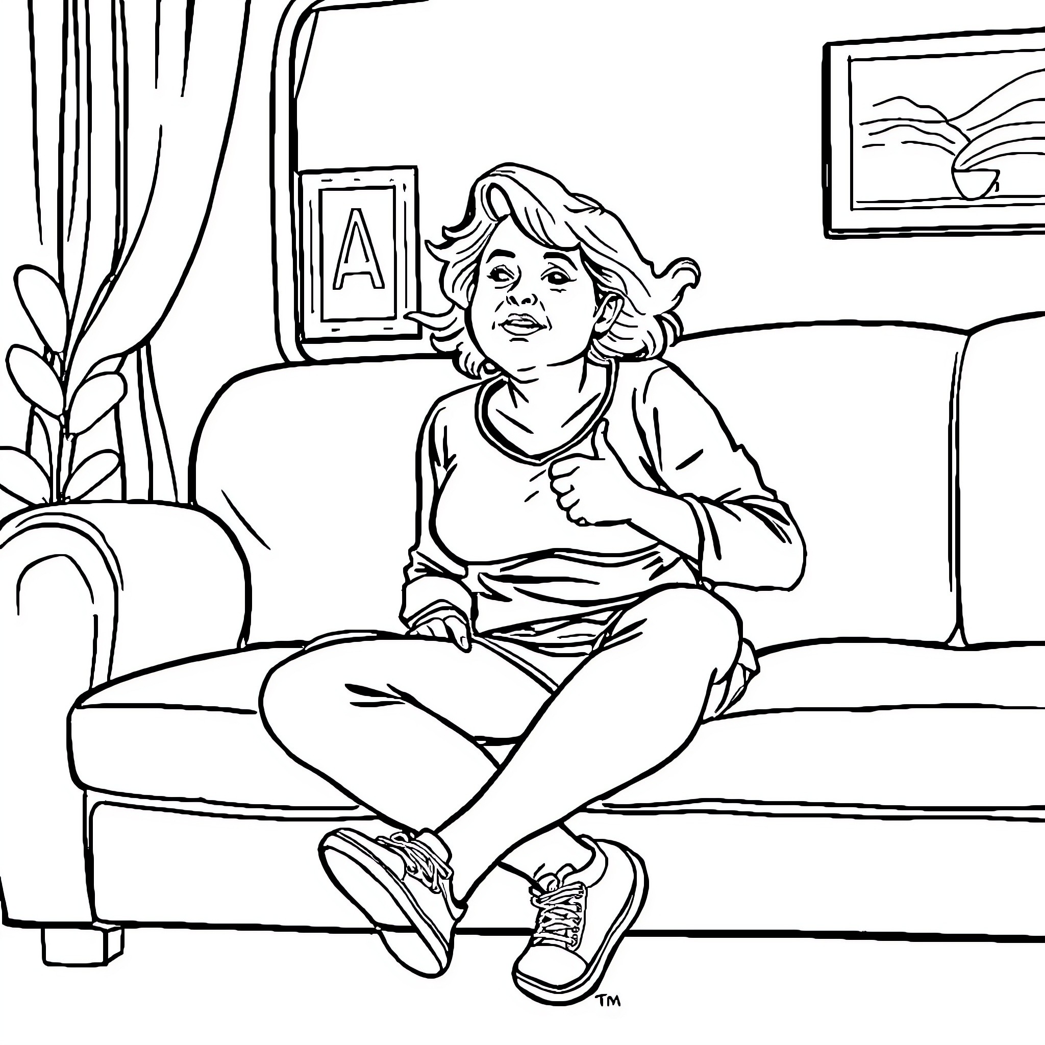 Mom relaxing on the couch Coloring Page (free black-and-white line drawing printable PDF for all, from beginners to advanced learners, including children, teens, adults, and seniors)