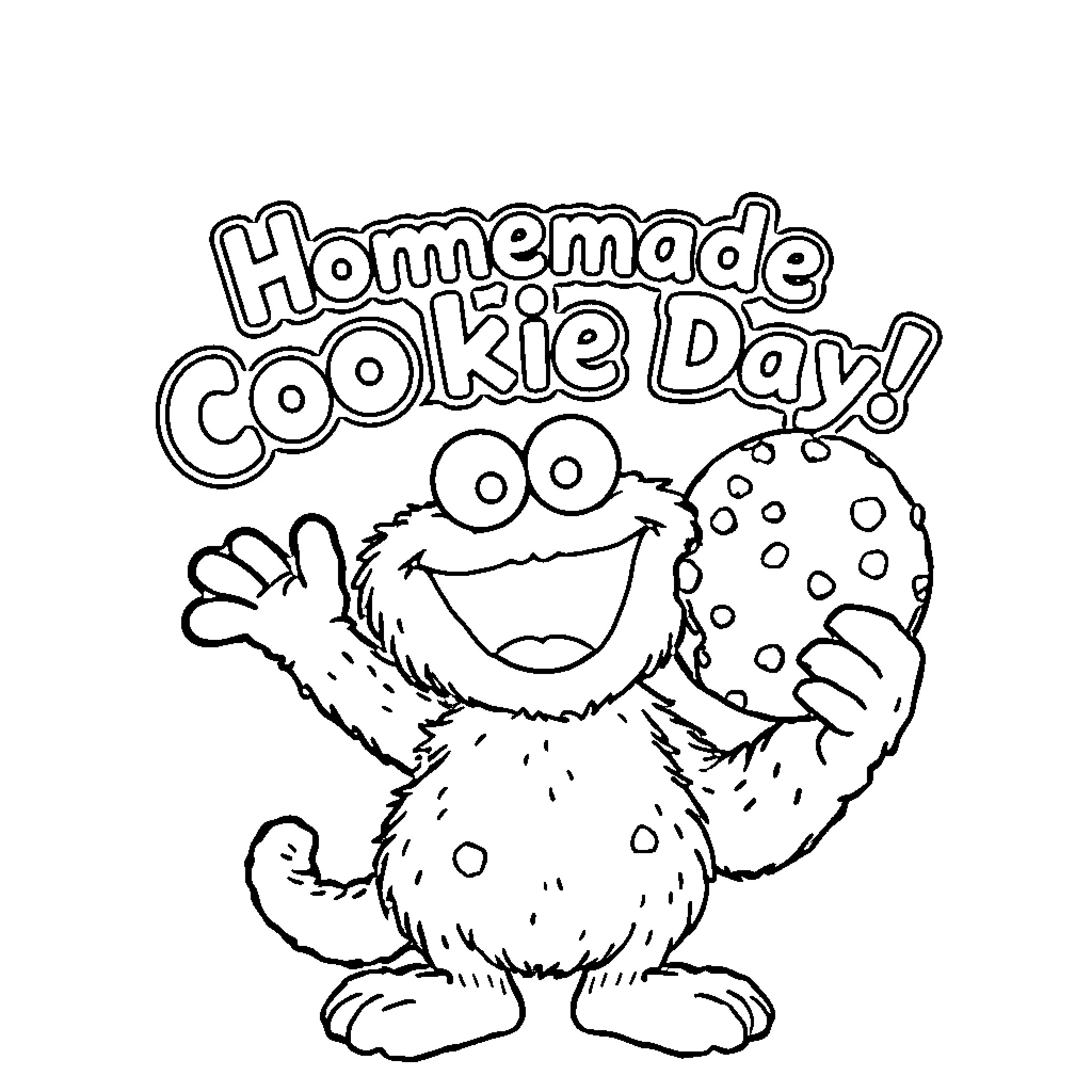 Cookie Monster celebrates Homemade Cookie Day Coloring Page (free black-and-white line drawing printable PDF for all, from beginners to advanced learners, including children, teens, adults, and seniors)