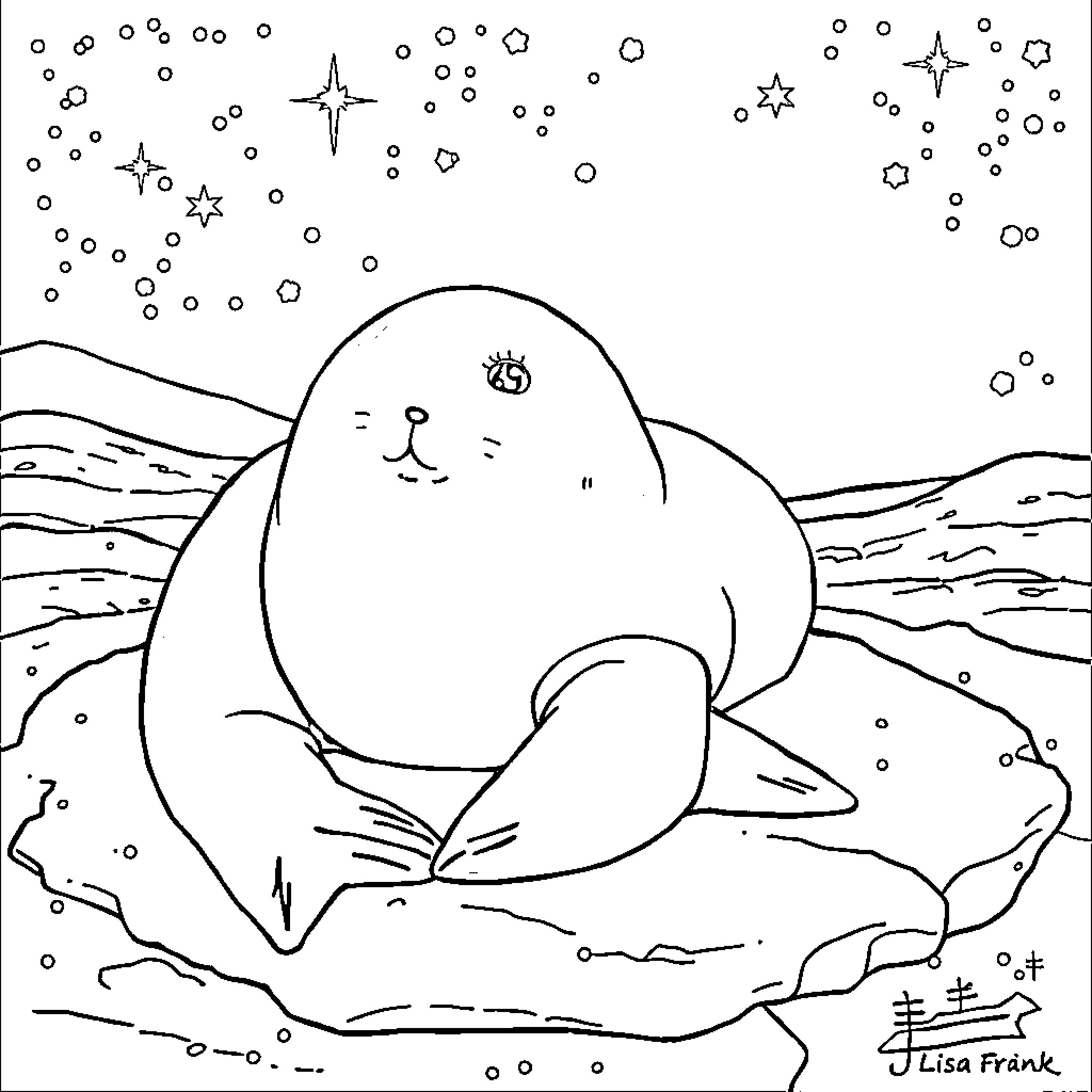 Seal resting peacefully under starry night sky Coloring Page (free black-and-white line drawing printable PDF for all, from beginners to advanced learners, including children, teens, adults, and seniors)