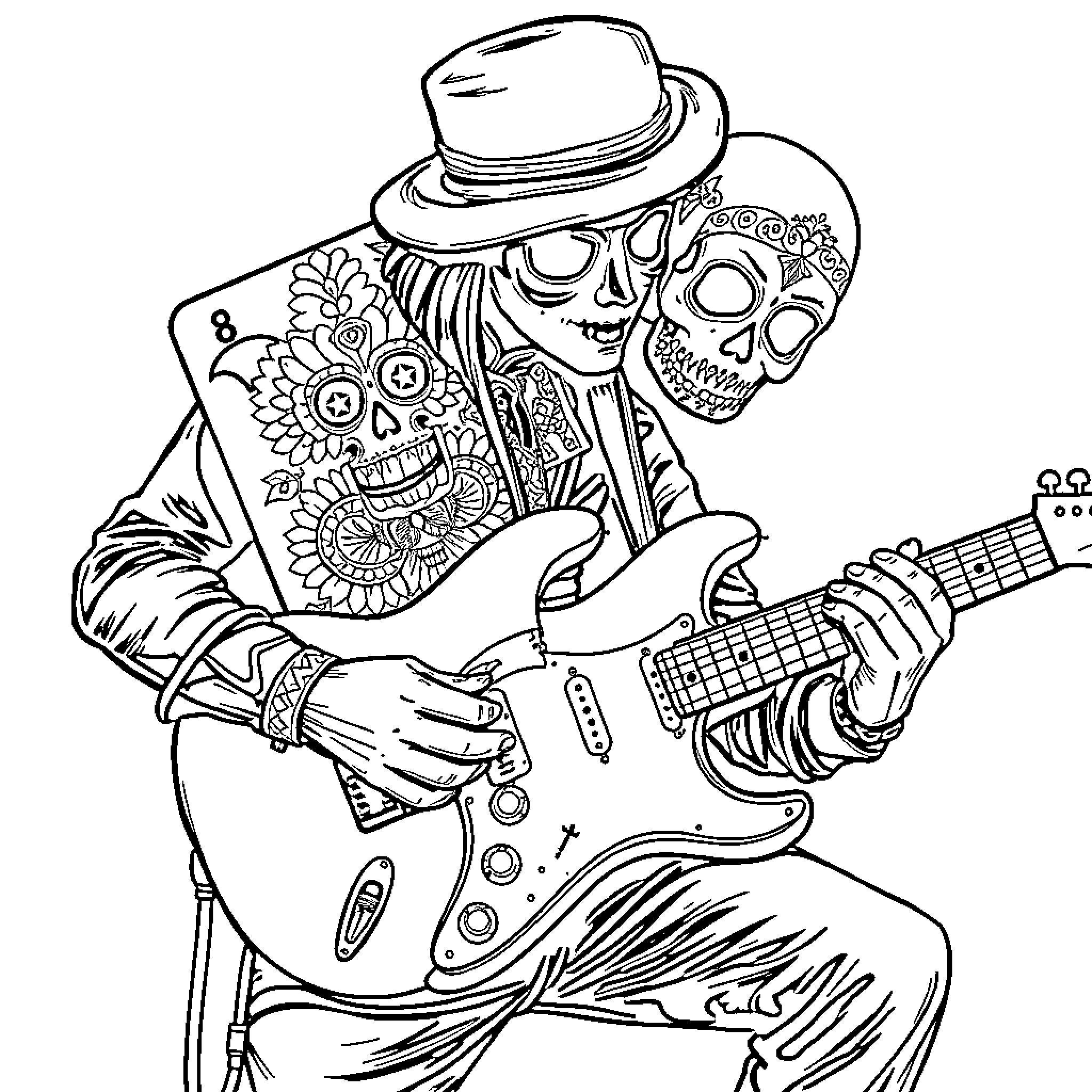 Playing Card with Tattooed Musician Rocking the Guitar Coloring Page (free black-and-white line drawing printable PDF for all, from beginners to advanced learners, including children, teens, adults, and seniors)