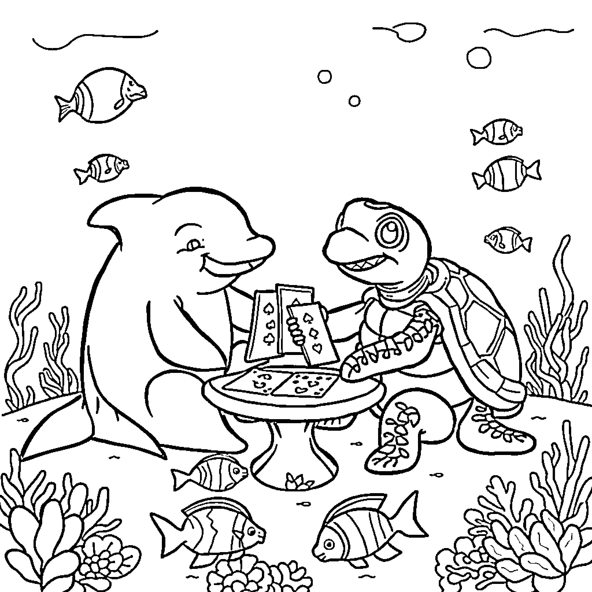 Dolphin friends enjoying a picnic underwater Coloring Page (free black-and-white line drawing printable PDF for all, from beginners to advanced learners, including children, teens, adults, and seniors)