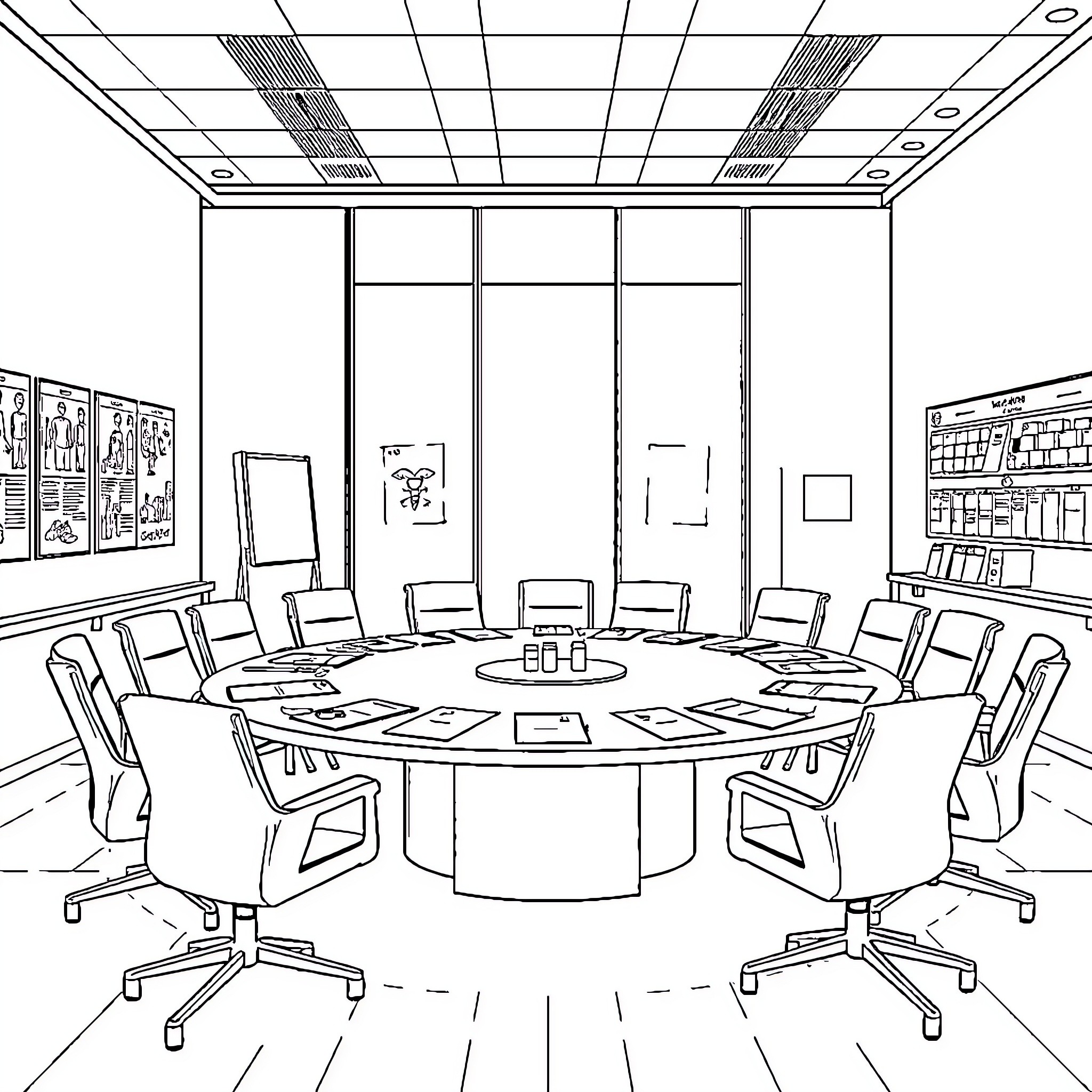Pharmacists discussing in a professional conference room Coloring Page (free black-and-white line drawing printable PDF for all, from beginners to advanced learners, including children, teens, adults, and seniors)