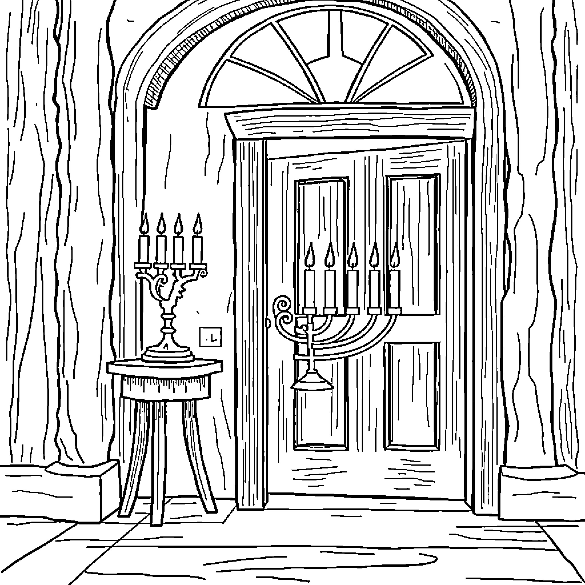 Menorah illuminating doorway in cozy home Coloring Page (free black-and-white line drawing printable PDF for all, from beginners to advanced learners, including children, teens, adults, and seniors)
