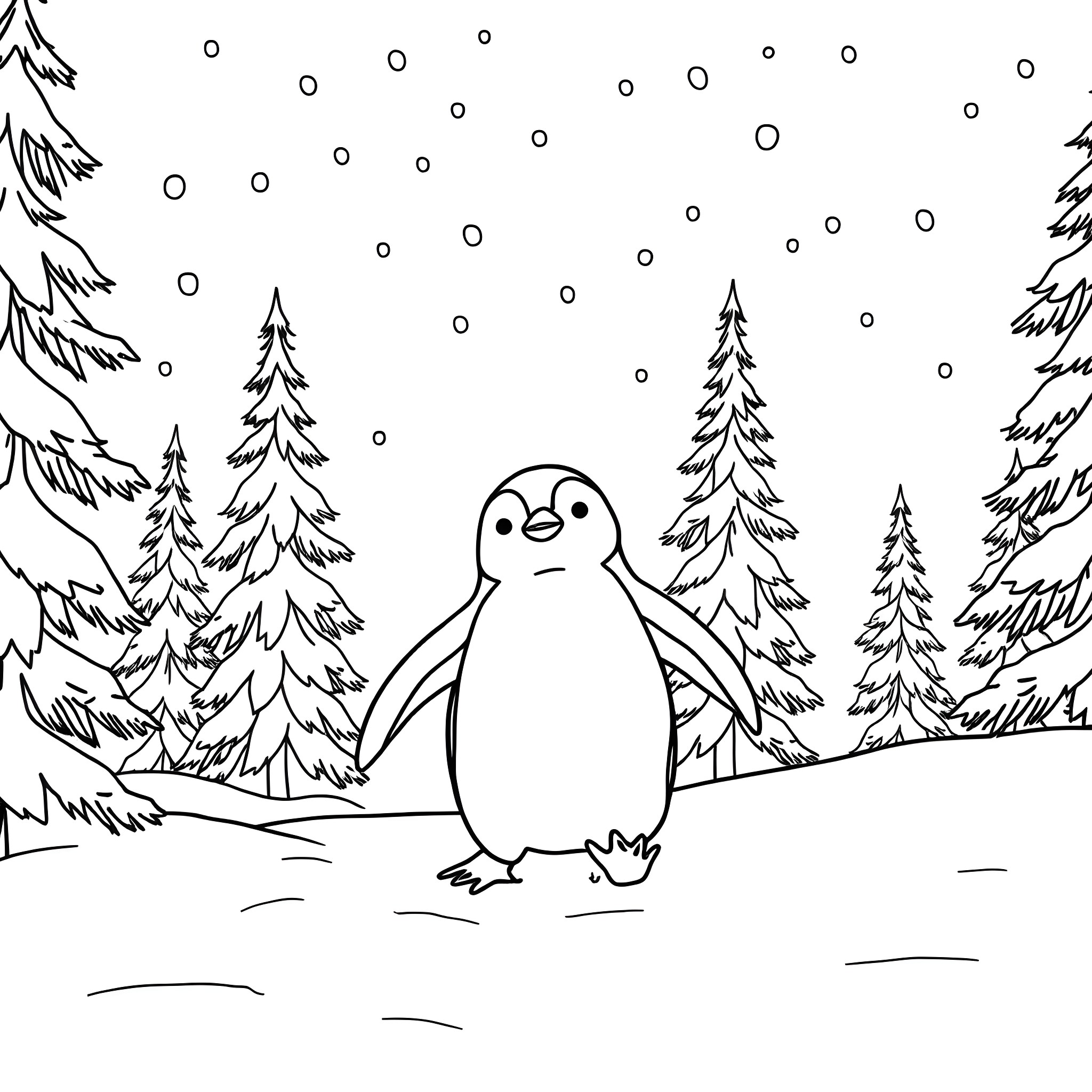 Penguin in a snowy forest Coloring Page (free black-and-white line drawing printable PDF for all, from beginners to advanced learners, including children, teens, adults, and seniors)