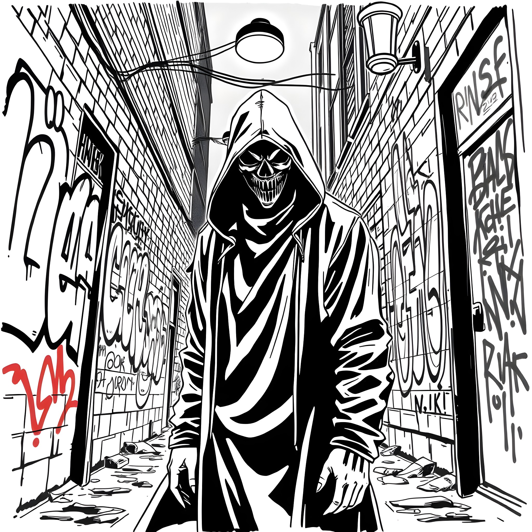 Mask of the Grim Reaper in a Graffiti-Filled Alley Coloring Page (free black-and-white line drawing printable PDF for all, from beginners to advanced learners, including children, teens, adults, and seniors)