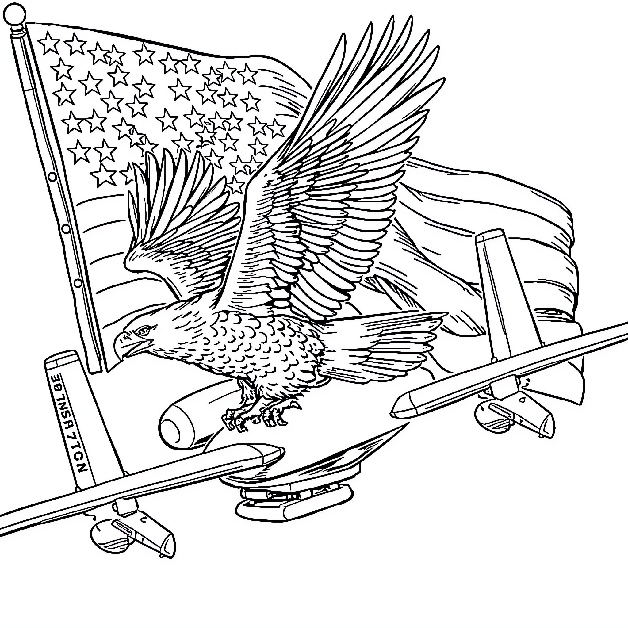 Bald Eagle soaring over American flag and aircraft Coloring Page (free black-and-white line drawing printable PDF for all, from beginners to advanced learners, including children, teens, adults, and seniors)
