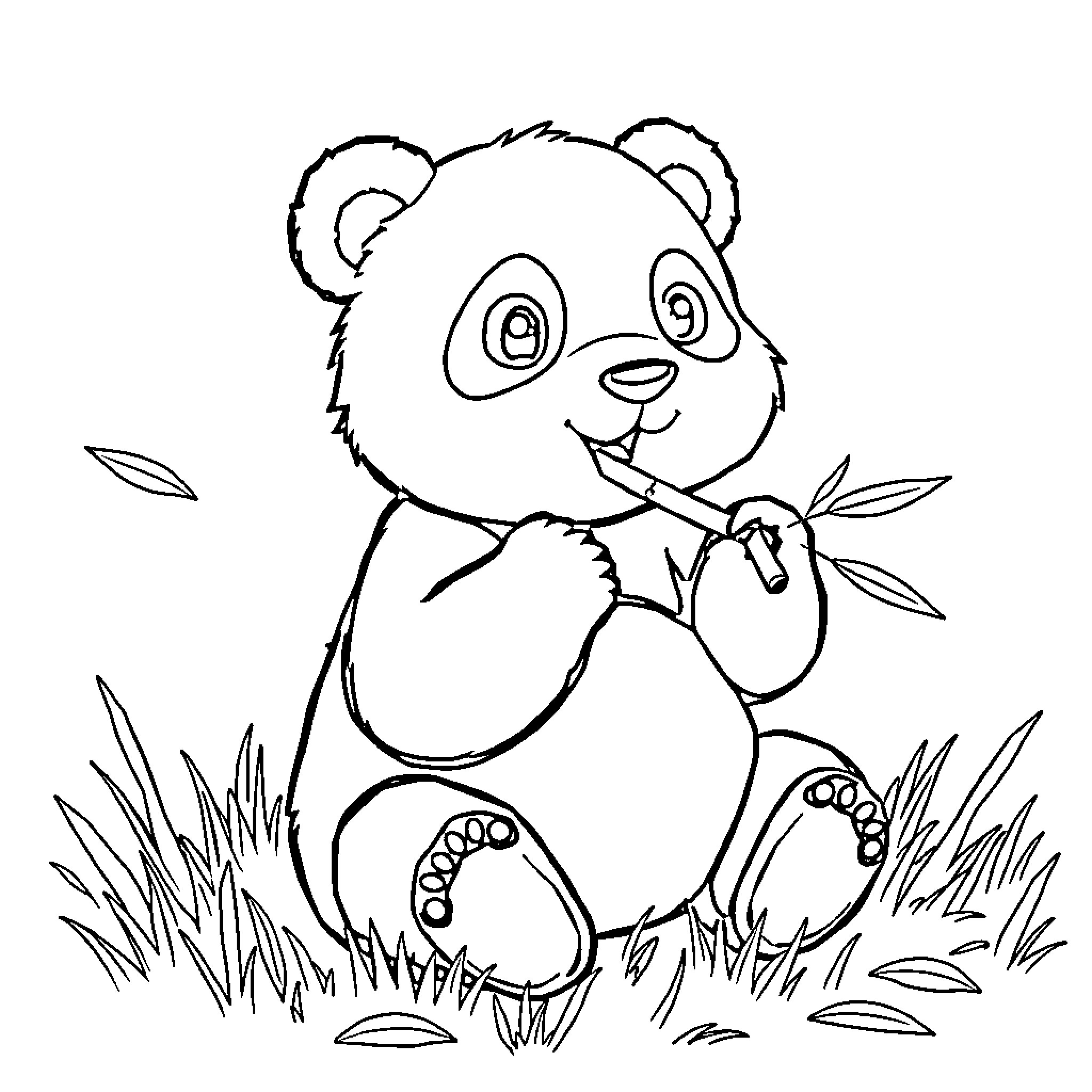 Panda relaxing and eating bamboo in the grass Coloring Page (free black-and-white line drawing printable PDF for all, from beginners to advanced learners, including children, teens, adults, and seniors)