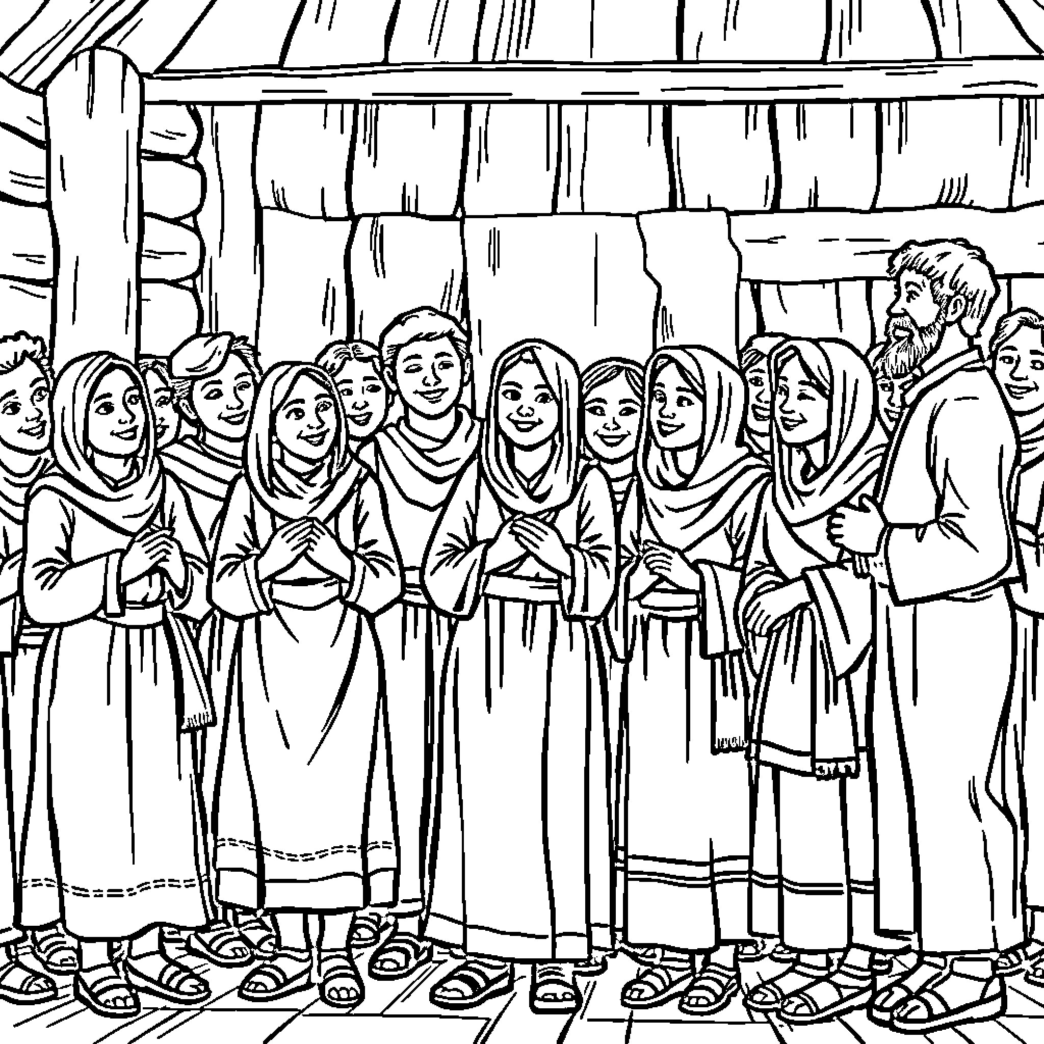 Mormon Gathering of Community Members Coloring Page (free black-and-white line drawing printable PDF for all, from beginners to advanced learners, including children, teens, adults, and seniors)