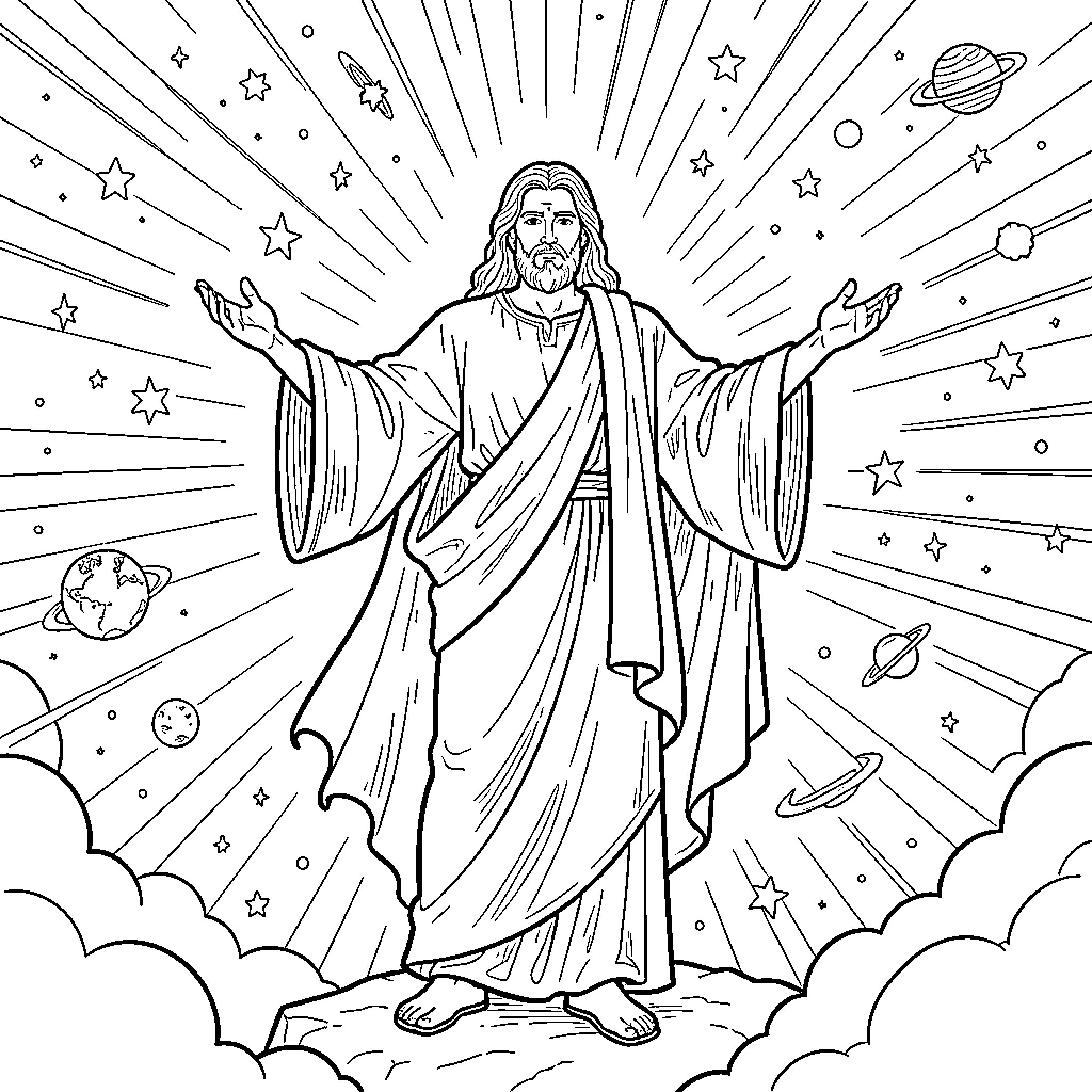 God's Cosmic Embrace: A Divine Figure in the Celestial Realm Coloring Page (free black-and-white line drawing printable PDF for all, from beginners to advanced learners, including children, teens, adults, and seniors)