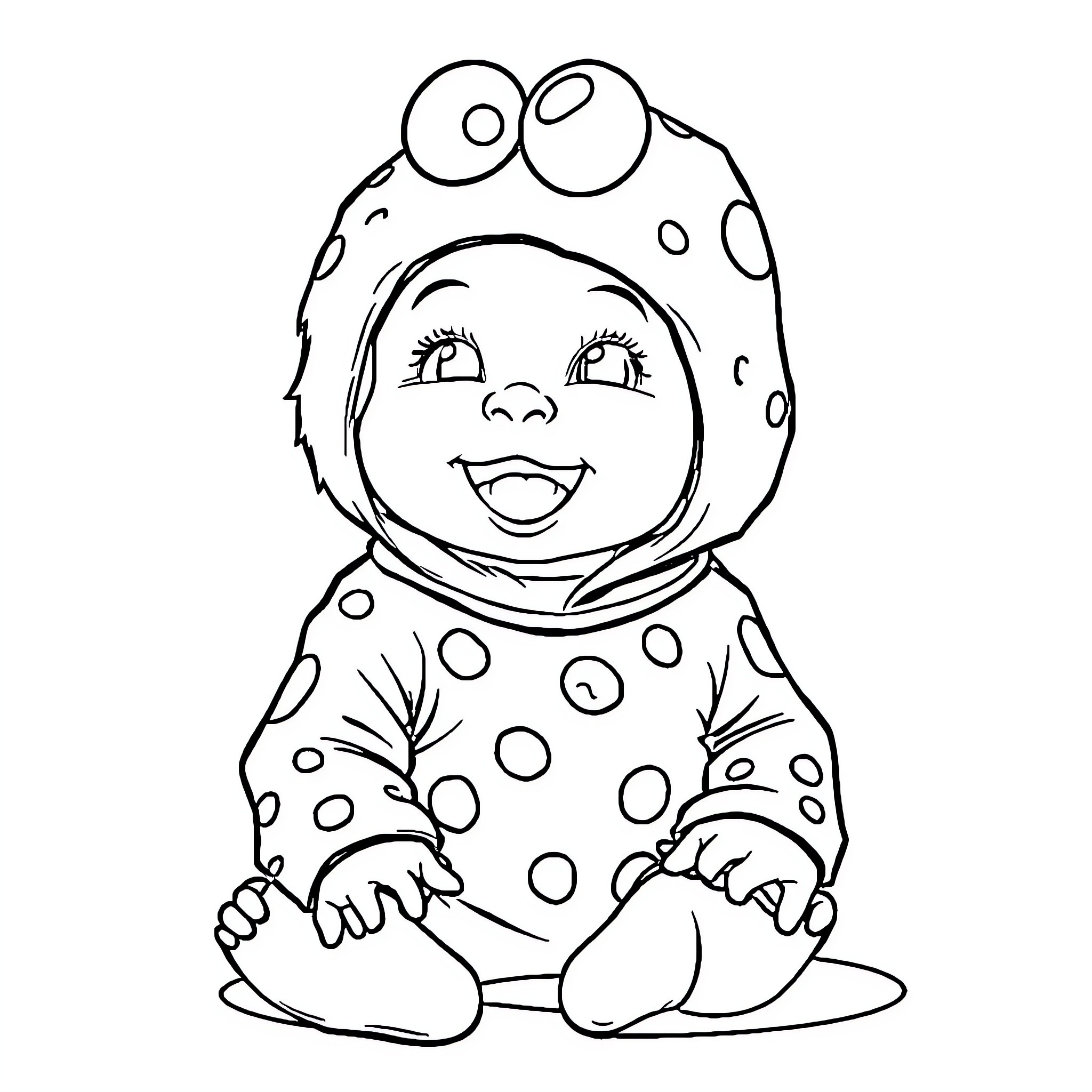 Cookie Monster Dressed in Polka Dot Costume Coloring Page (free black-and-white line drawing printable PDF for all, from beginners to advanced learners, including children, teens, adults, and seniors)