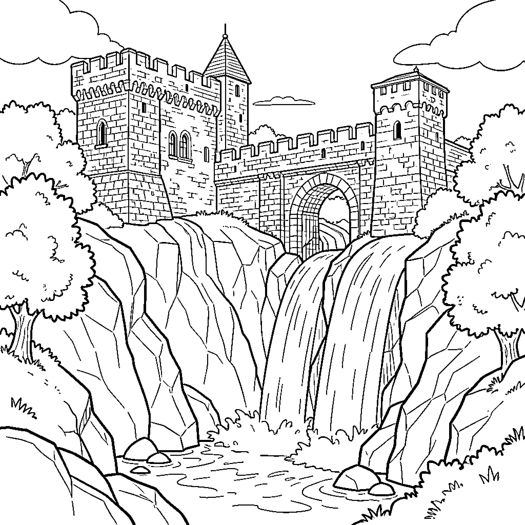 Castle with Dramatic Waterfall Landscape Coloring Page (free black-and-white line drawing printable PDF for all, from beginners to advanced learners, including children, teens, adults, and seniors)