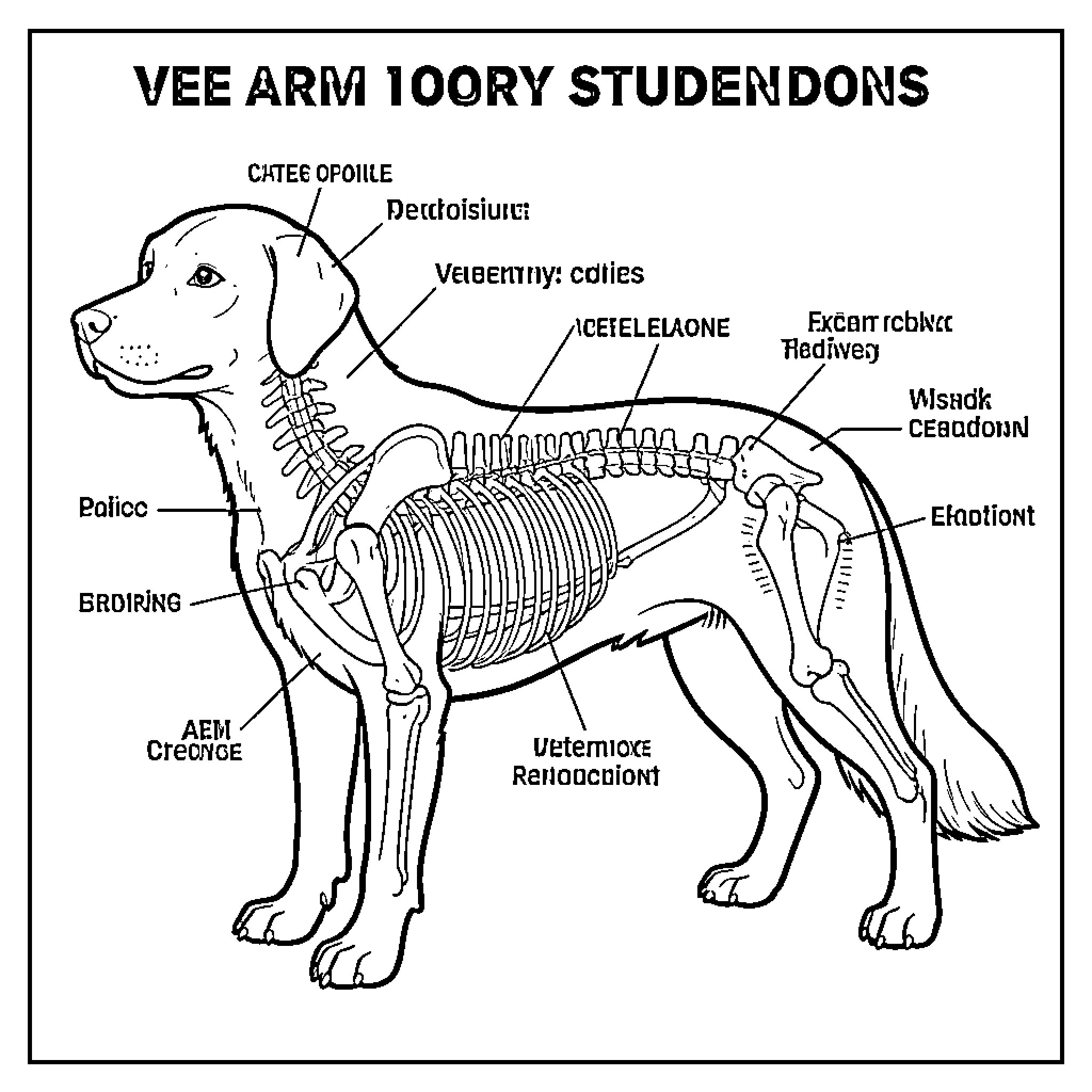 Dog showing skeletal anatomy and bone structure Coloring Page (free black-and-white line drawing printable PDF for all, from beginners to advanced learners, including children, teens, adults, and seniors)