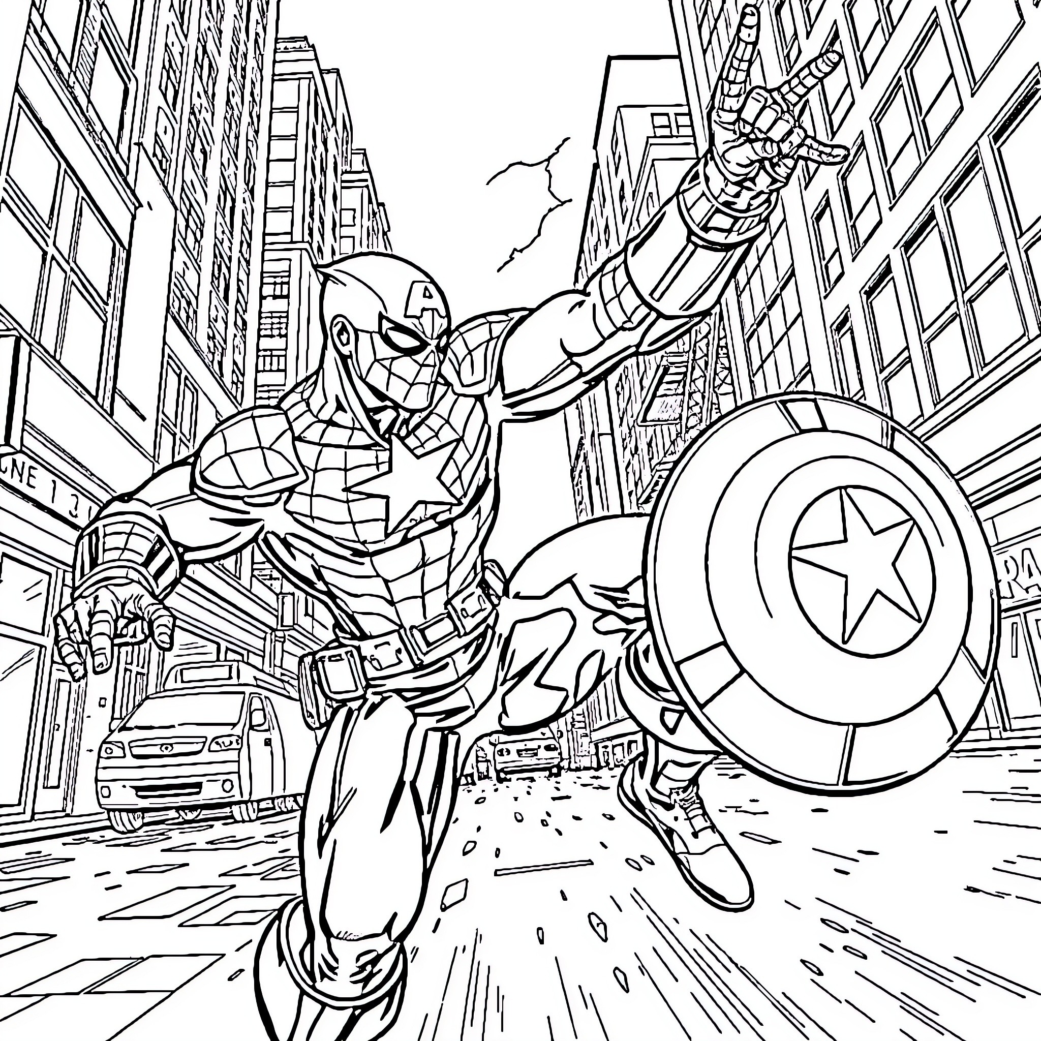 Captain America Heroically Battles Enemies in Vibrant City Coloring Page (free black-and-white line drawing printable PDF for all, from beginners to advanced learners, including children, teens, adults, and seniors)
