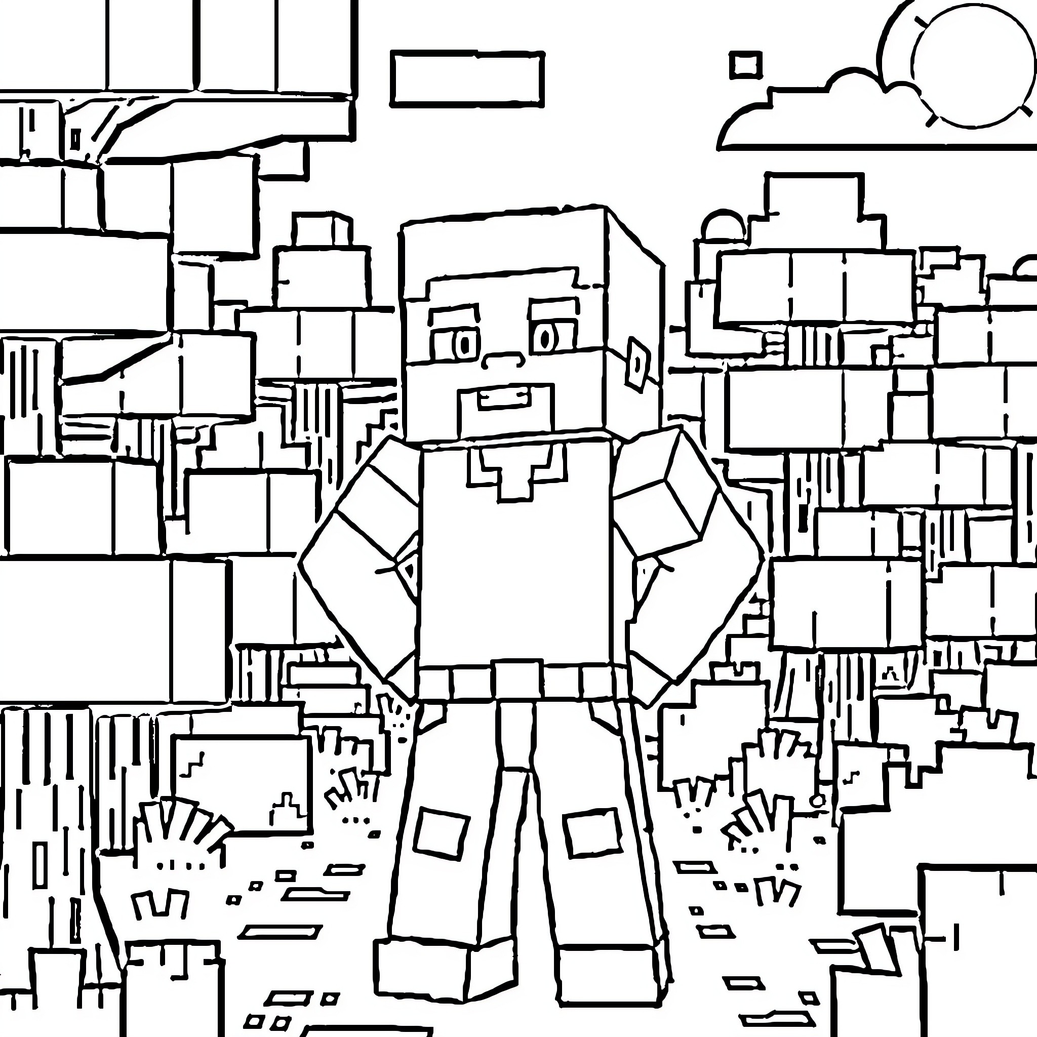 Steve exploring the blocky world Coloring Page (free black-and-white line drawing printable PDF for all, from beginners to advanced learners, including children, teens, adults, and seniors)