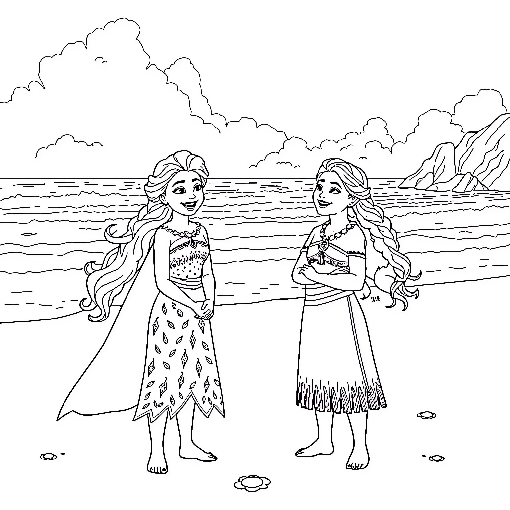 Moana and Maui enjoying a beach adventure Coloring Page (free black-and-white line drawing printable PDF for all, from beginners to advanced learners, including children, teens, adults, and seniors)