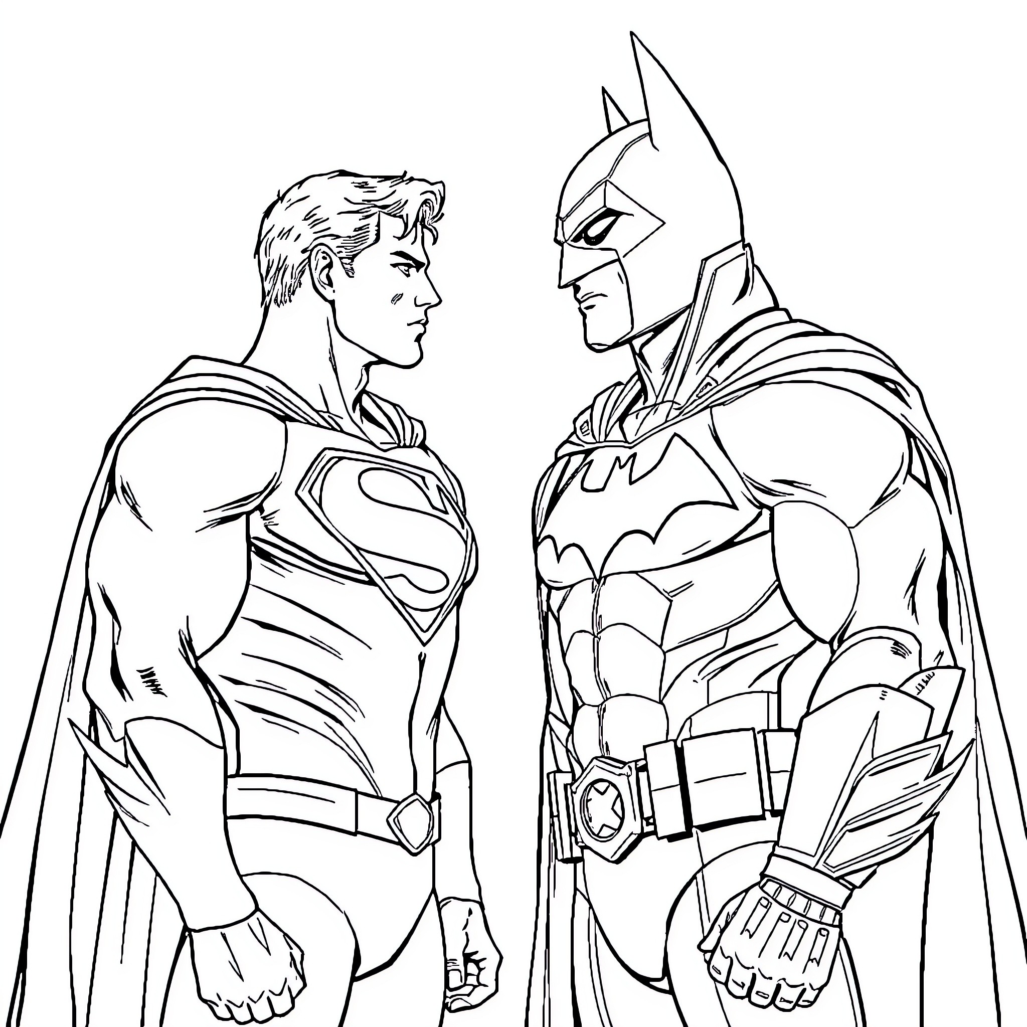 Superman and Batman in Intense Conversation Coloring Page (free black-and-white line drawing printable PDF for all, from beginners to advanced learners, including children, teens, adults, and seniors)