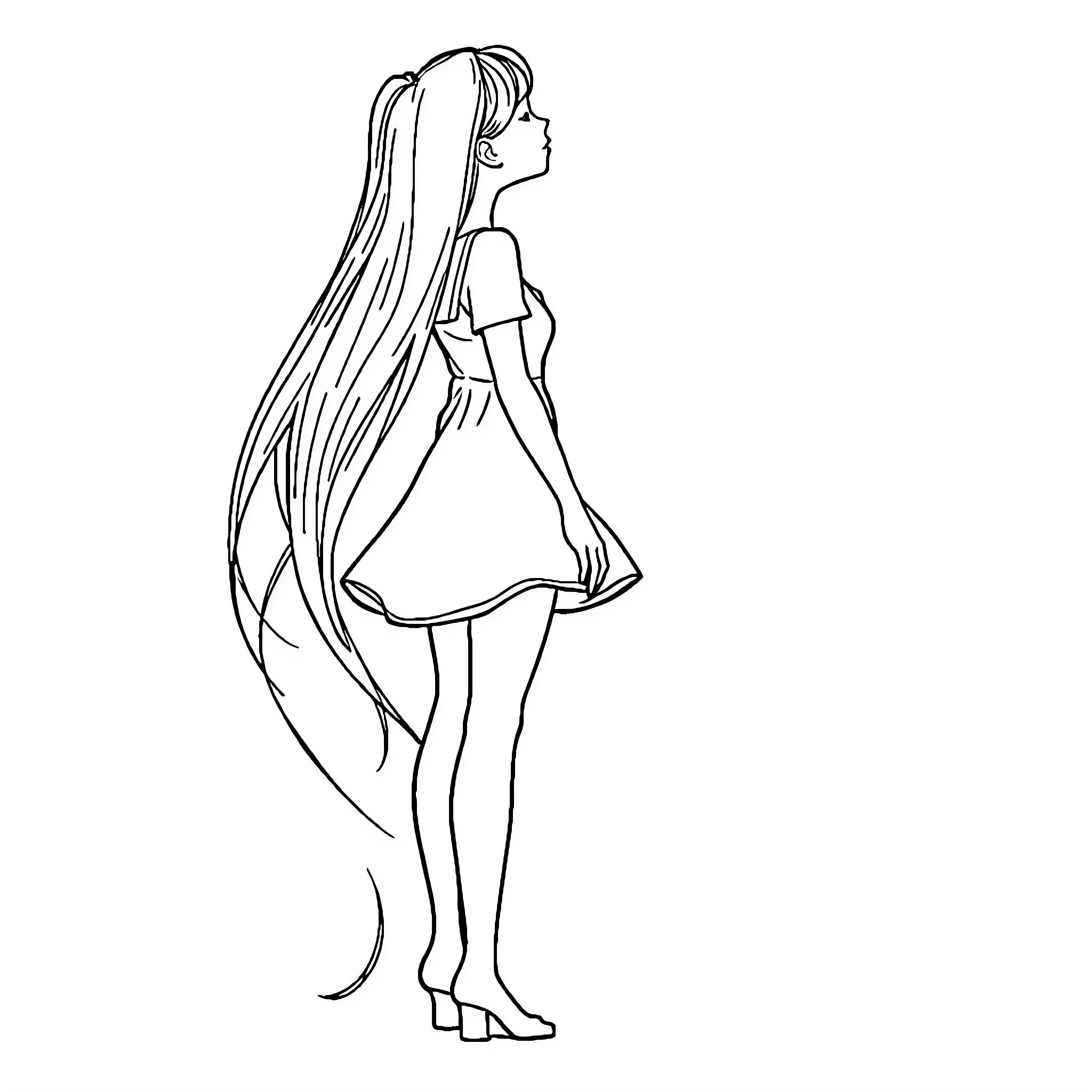 Girl with flowing hair in dress Coloring Page (free black-and-white line drawing printable PDF for all, from beginners to advanced learners, including children, teens, adults, and seniors)