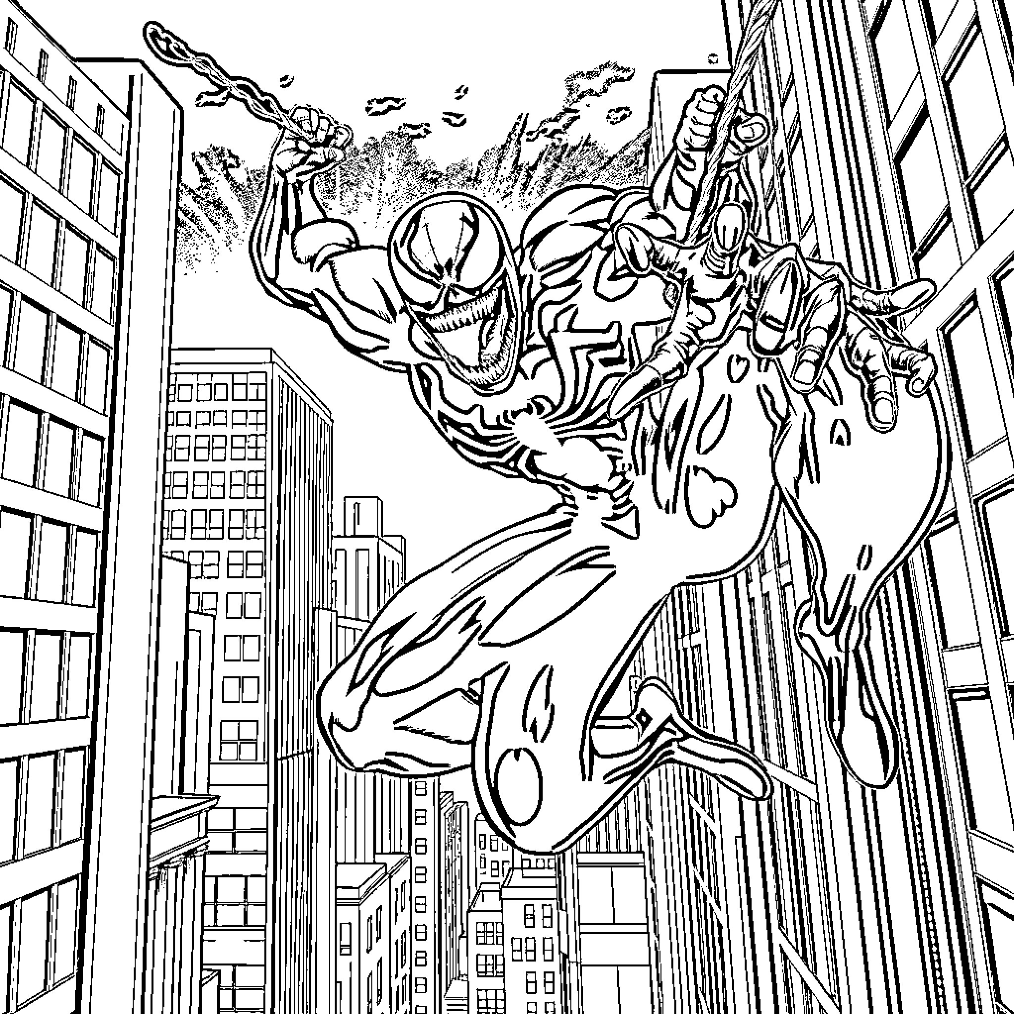 Venom unleashes chaos in the city Coloring Page (free black-and-white line drawing printable PDF for all, from beginners to advanced learners, including children, teens, adults, and seniors)