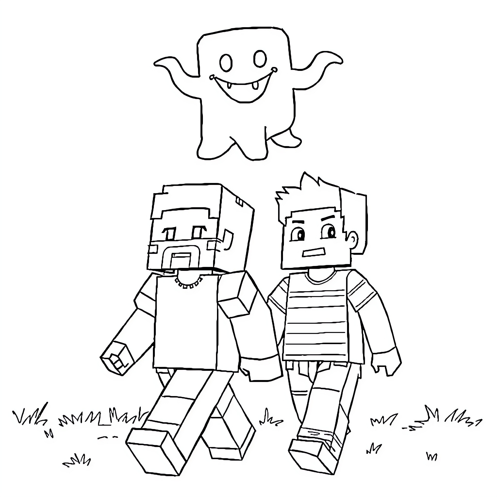 Minecraft Steve with a Ghost in Outdoors Coloring Page (free black-and-white line drawing printable PDF for all, from beginners to advanced learners, including children, teens, adults, and seniors)