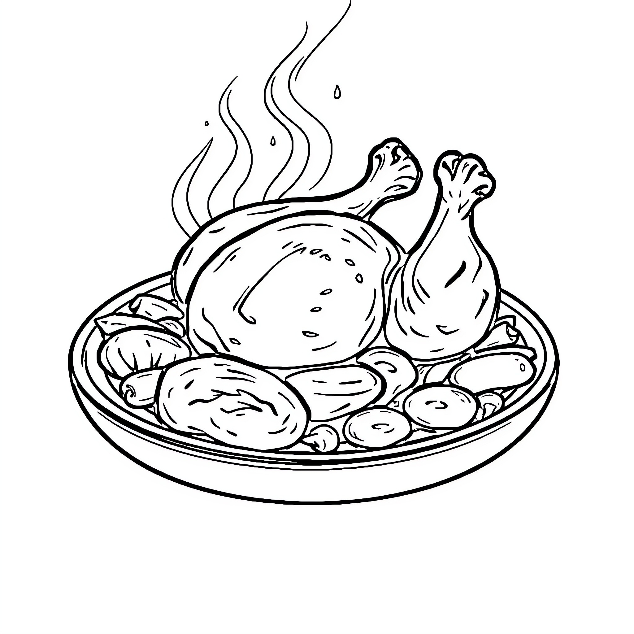 Chicken roasted with vegetables on plate Coloring Page (free black-and-white line drawing printable PDF for all, from beginners to advanced learners, including children, teens, adults, and seniors)