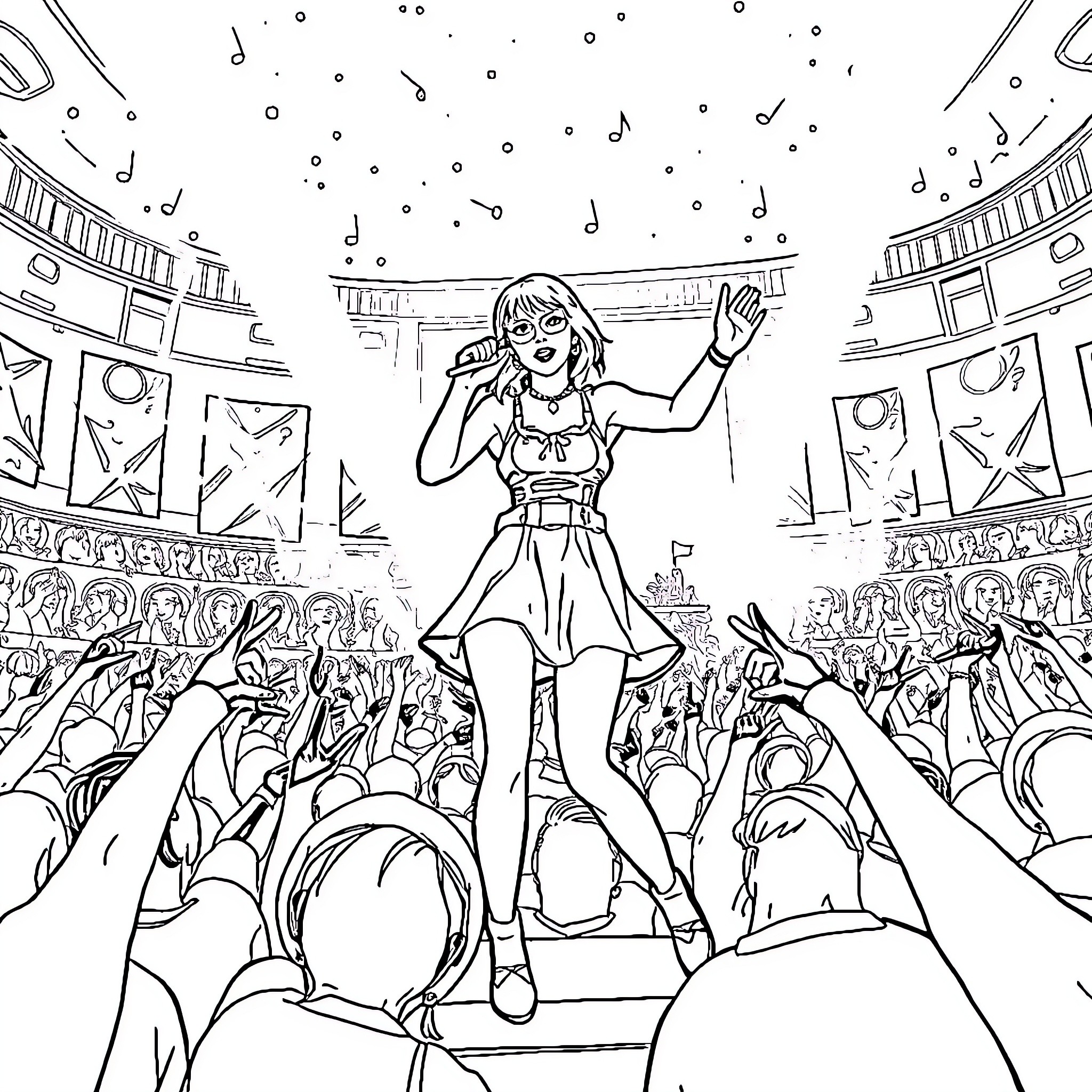 Taylor Swift performing on stage with an enthusiastic crowd Coloring Page (free black-and-white line drawing printable PDF for all, from beginners to advanced learners, including children, teens, adults, and seniors)