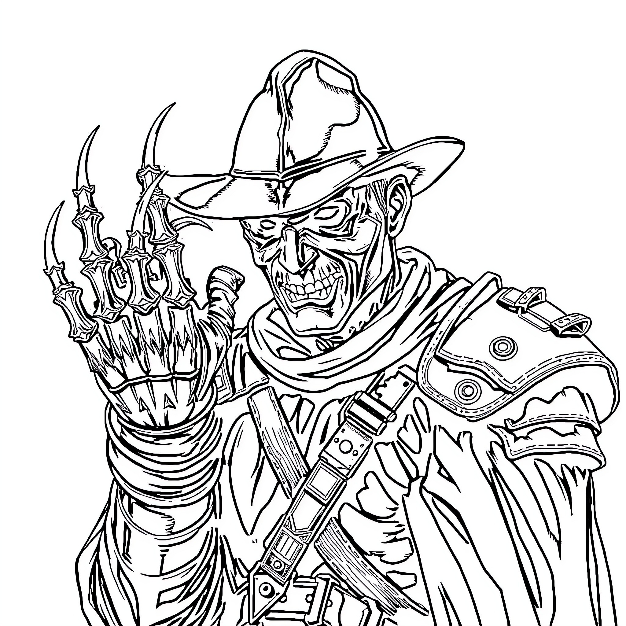 Freddy Krueger Wielding Deadly Claws with Menacing Expression Coloring Page (free black-and-white line drawing printable PDF for all, from beginners to advanced learners, including children, teens, adults, and seniors)