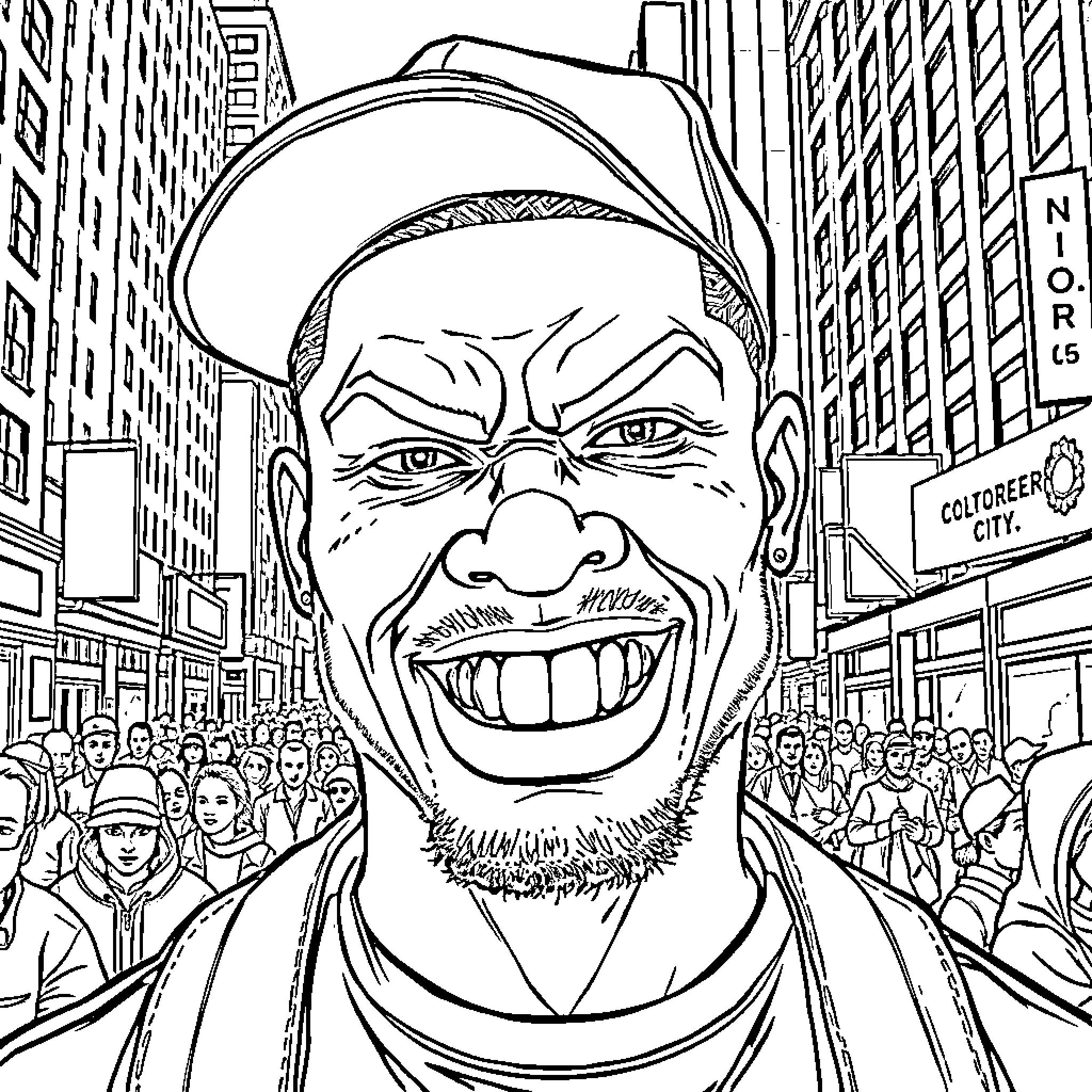 Man with a Broad Smile in a Bustling City Coloring Page (free black-and-white line drawing printable PDF for all, from beginners to advanced learners, including children, teens, adults, and seniors)