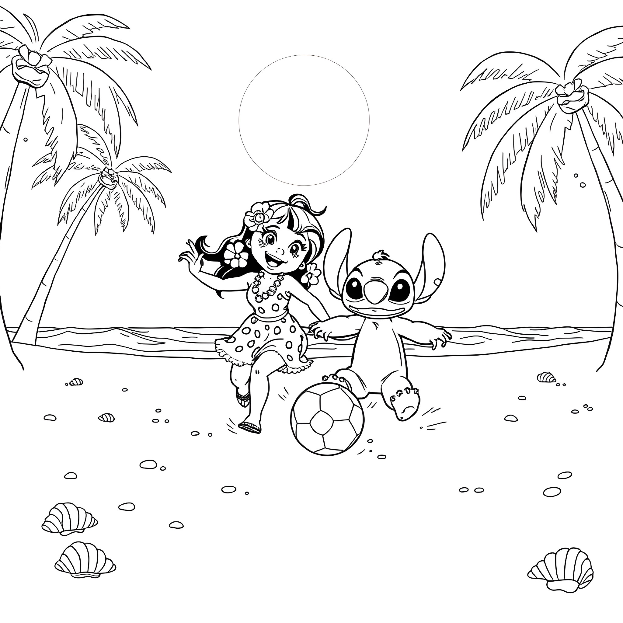 Lilo playing with Stitch on the beach Coloring Page (free black-and-white line drawing printable PDF for all, from beginners to advanced learners, including children, teens, adults, and seniors)