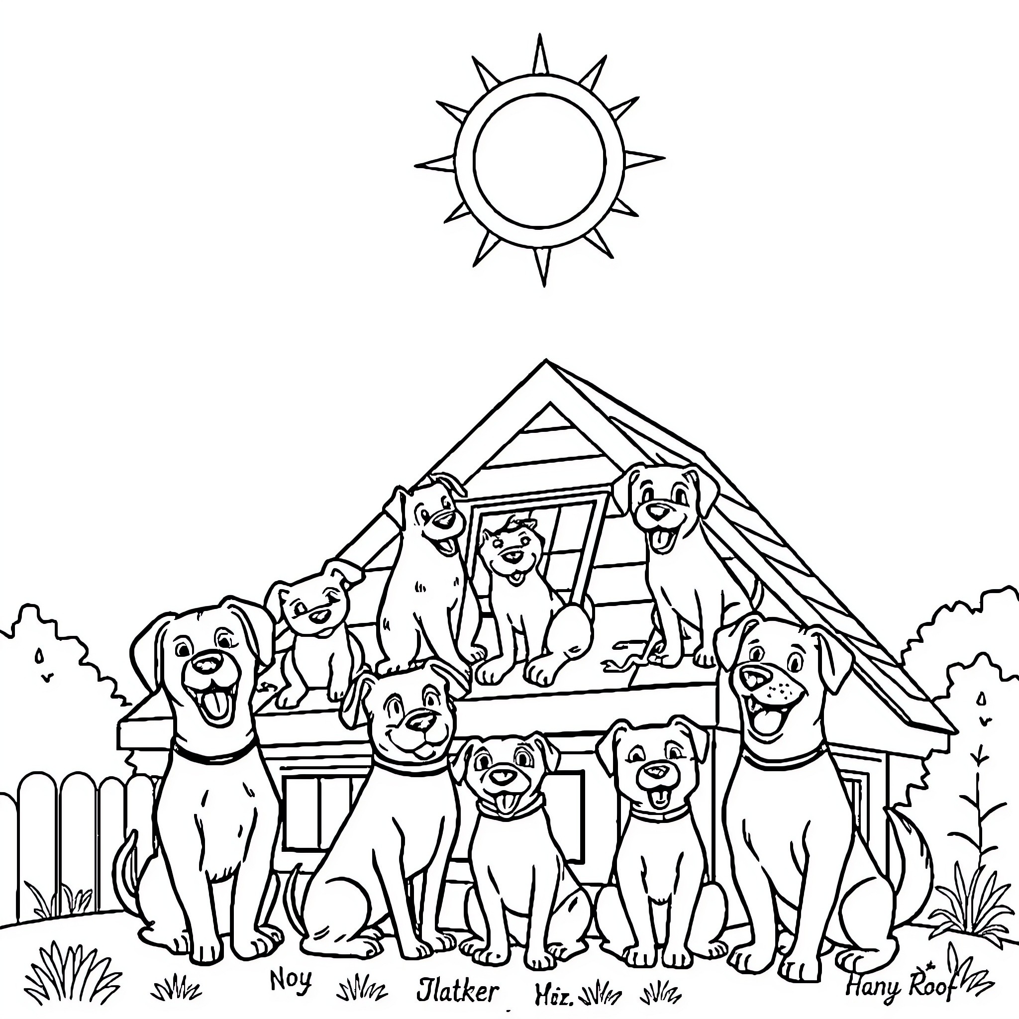 Dogs enjoying a sunny day at the park Coloring Page (free black-and-white line drawing printable PDF for all, from beginners to advanced learners, including children, teens, adults, and seniors)
