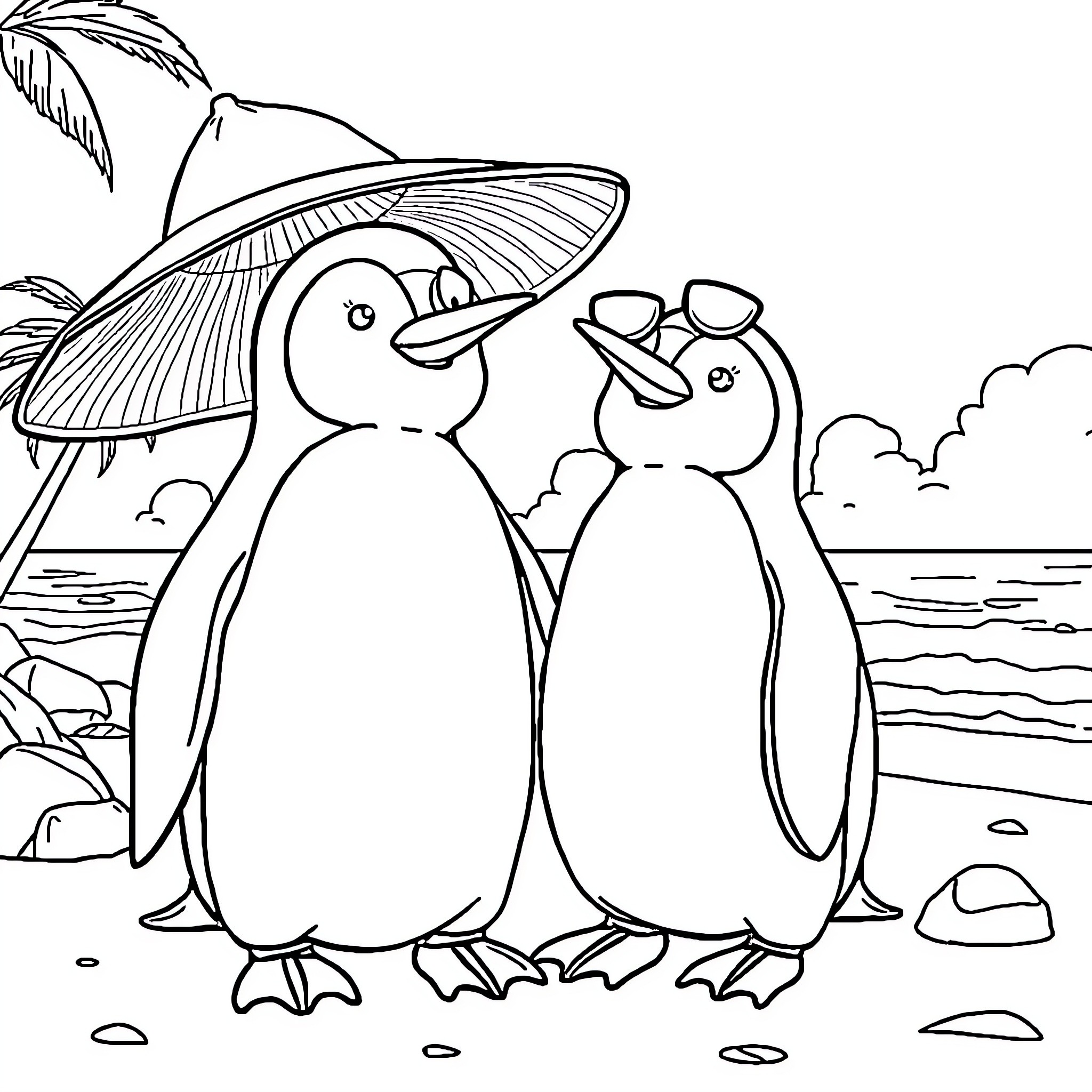 Penguins enjoying a day at the beach Coloring Page (free black-and-white line drawing printable PDF for all, from beginners to advanced learners, including children, teens, adults, and seniors)