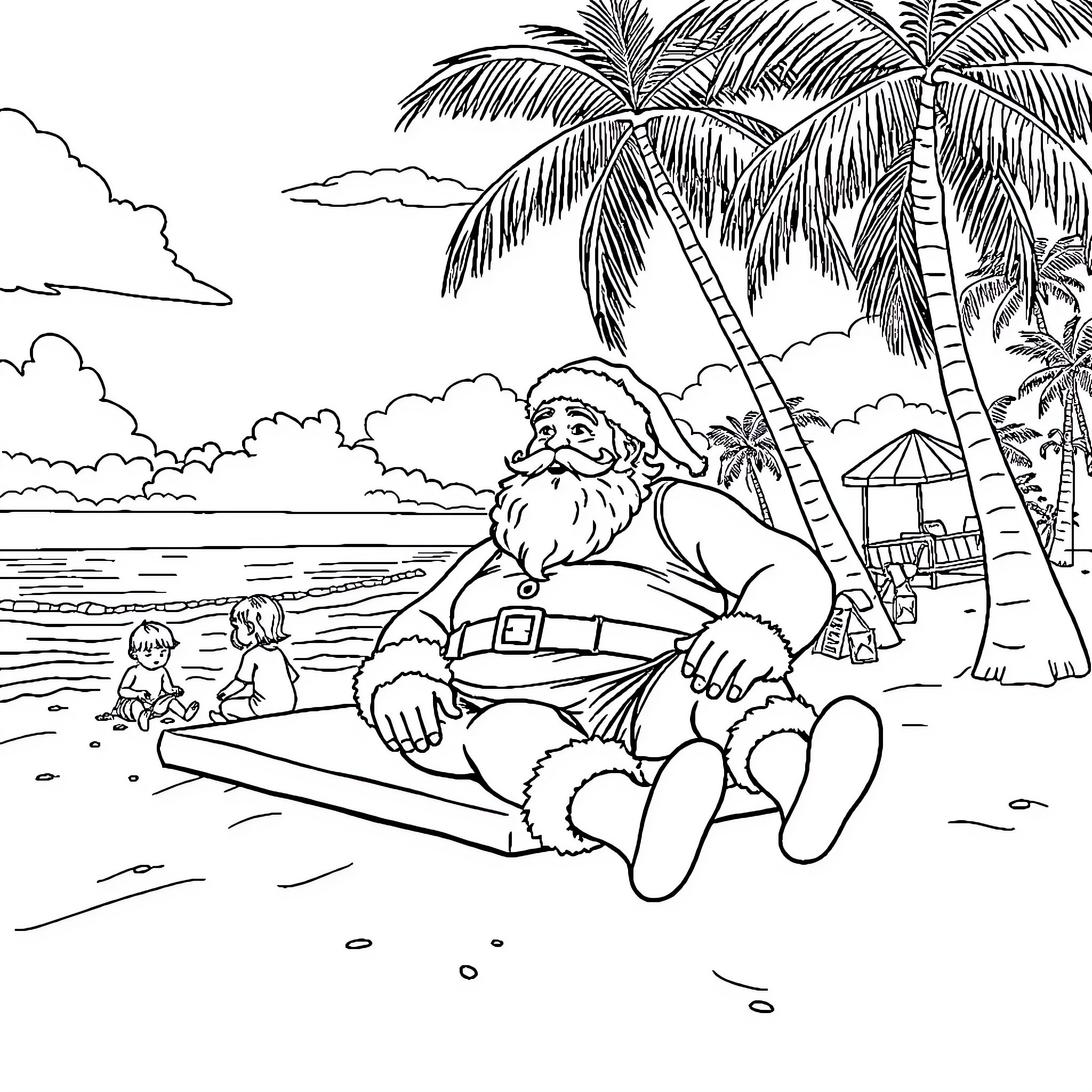 Santa's Tropical Beach Getaway Coloring Page (free black-and-white line drawing printable PDF for all, from beginners to advanced learners, including children, teens, adults, and seniors)