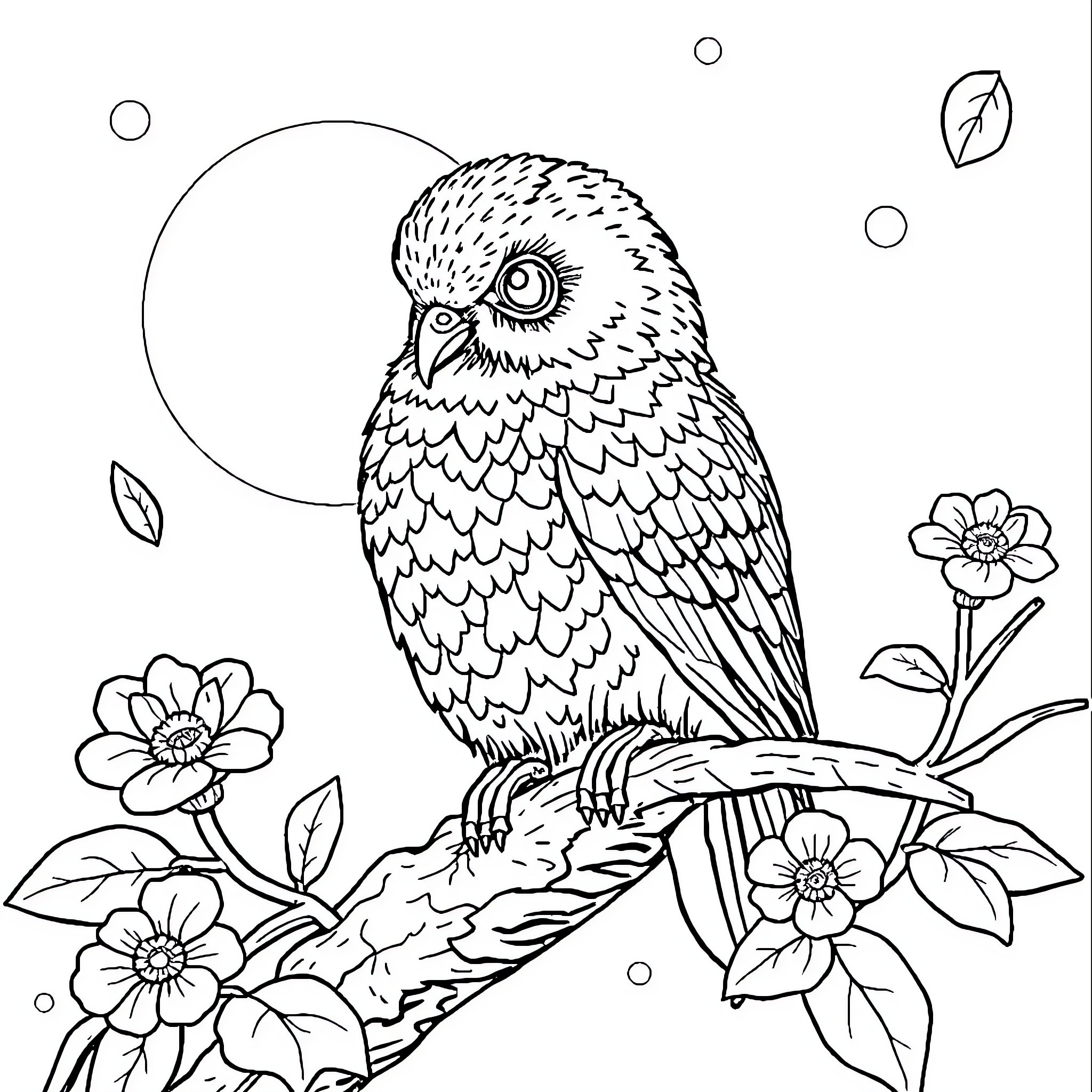 Demon owl perched amidst floral splendor Coloring Page (free black-and-white line drawing printable PDF for all, from beginners to advanced learners, including children, teens, adults, and seniors)