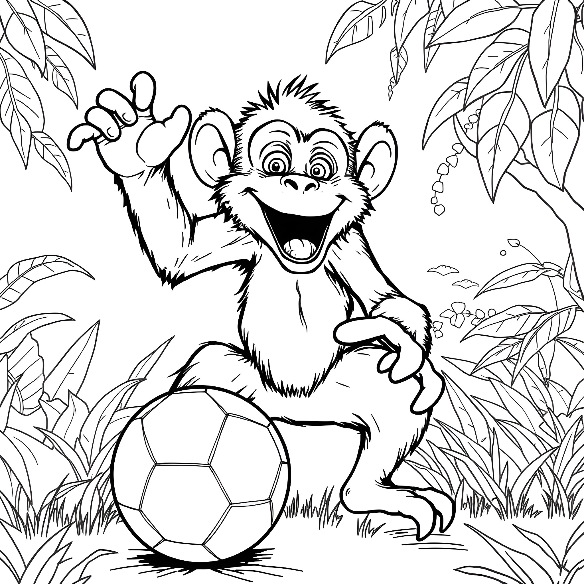 Monkey playing joyfully with soccer ball in nature Coloring Page (free black-and-white line drawing printable PDF for all, from beginners to advanced learners, including children, teens, adults, and seniors)