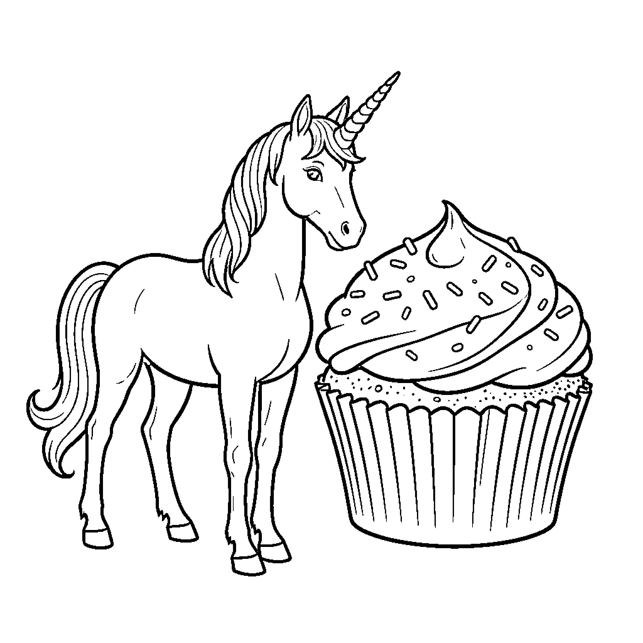 Unicorn standing next to a giant cupcake Coloring Page (free black-and-white line drawing printable PDF for all, from beginners to advanced learners, including children, teens, adults, and seniors)