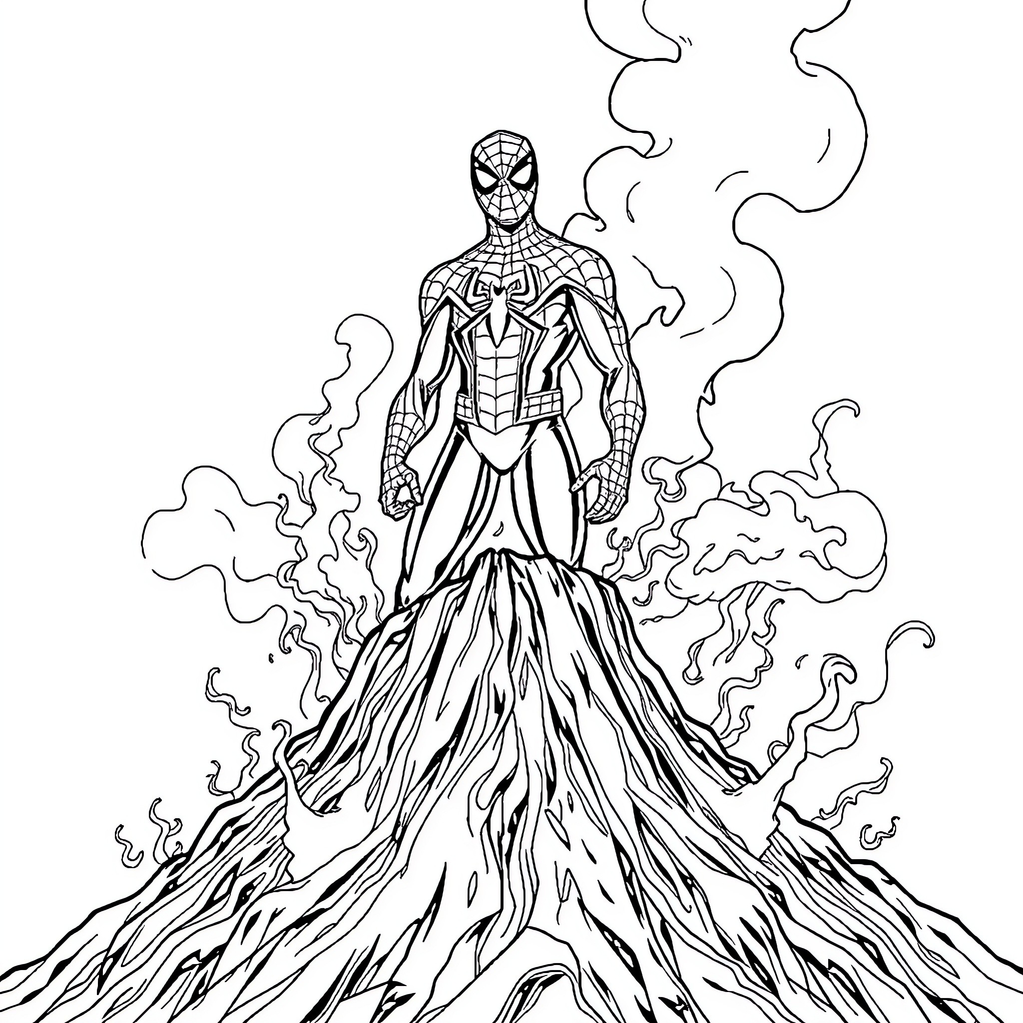 Spiderman unleashing fiery web-slinging power Coloring Page (free black-and-white line drawing printable PDF for all, from beginners to advanced learners, including children, teens, adults, and seniors)