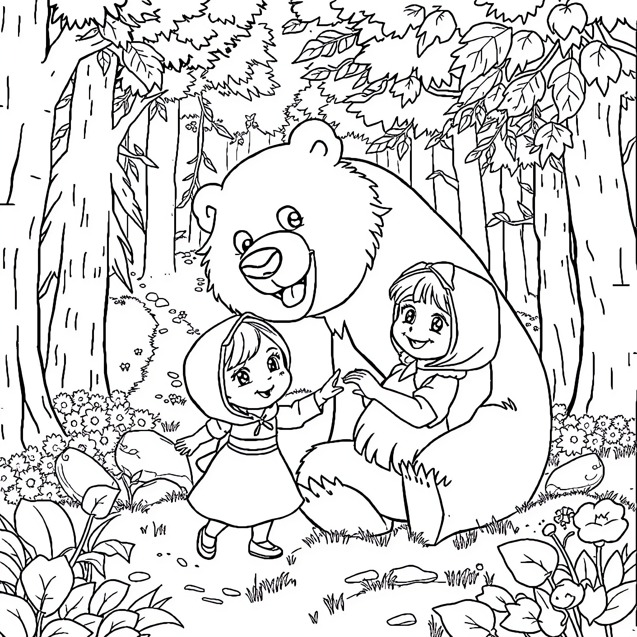 Masha's Woodland Adventure with the Big Bear Coloring Page (free black-and-white line drawing printable PDF for all, from beginners to advanced learners, including children, teens, adults, and seniors)