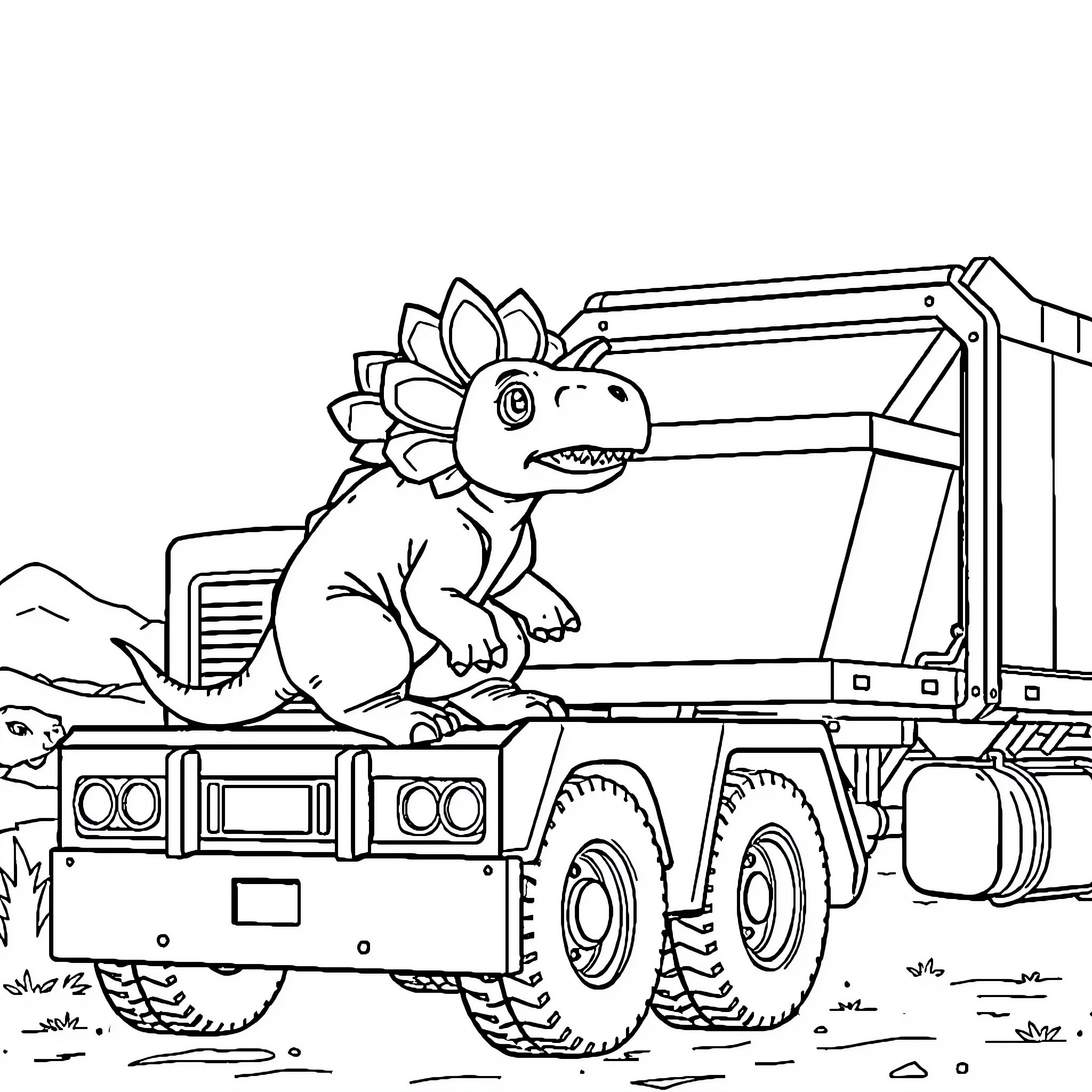 Triceratops riding on a large construction vehicle Coloring Page (free black-and-white line drawing printable PDF for all, from beginners to advanced learners, including children, teens, adults, and seniors)